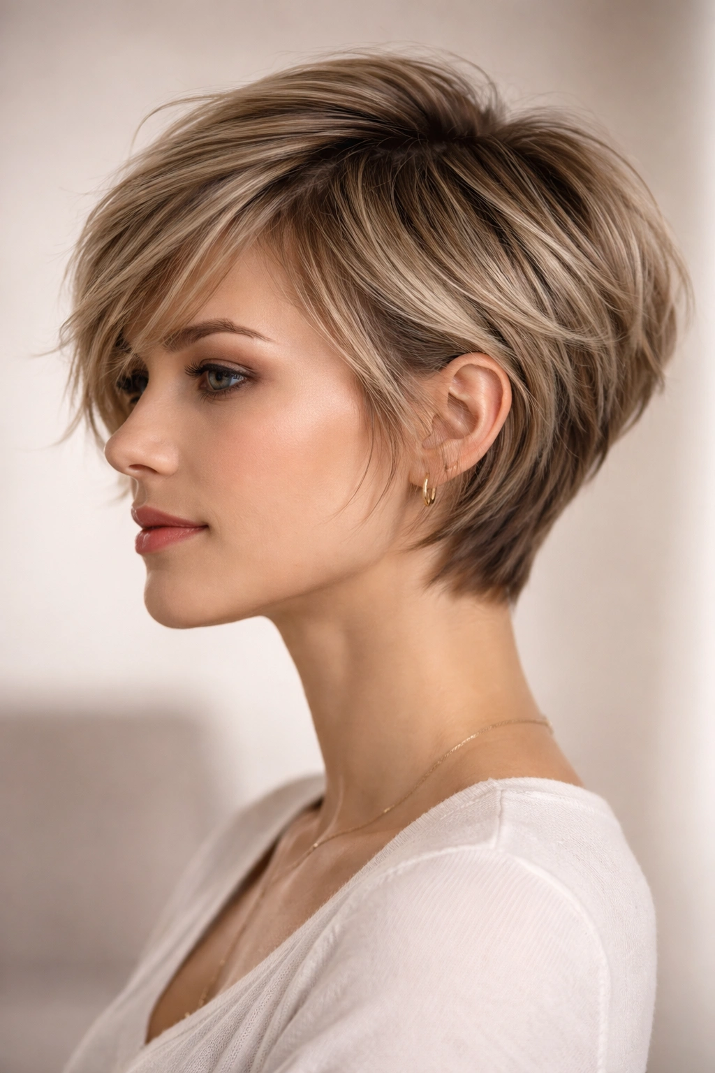 Close-up of a person with a feathered pixie bob featuring wispy textured layers
