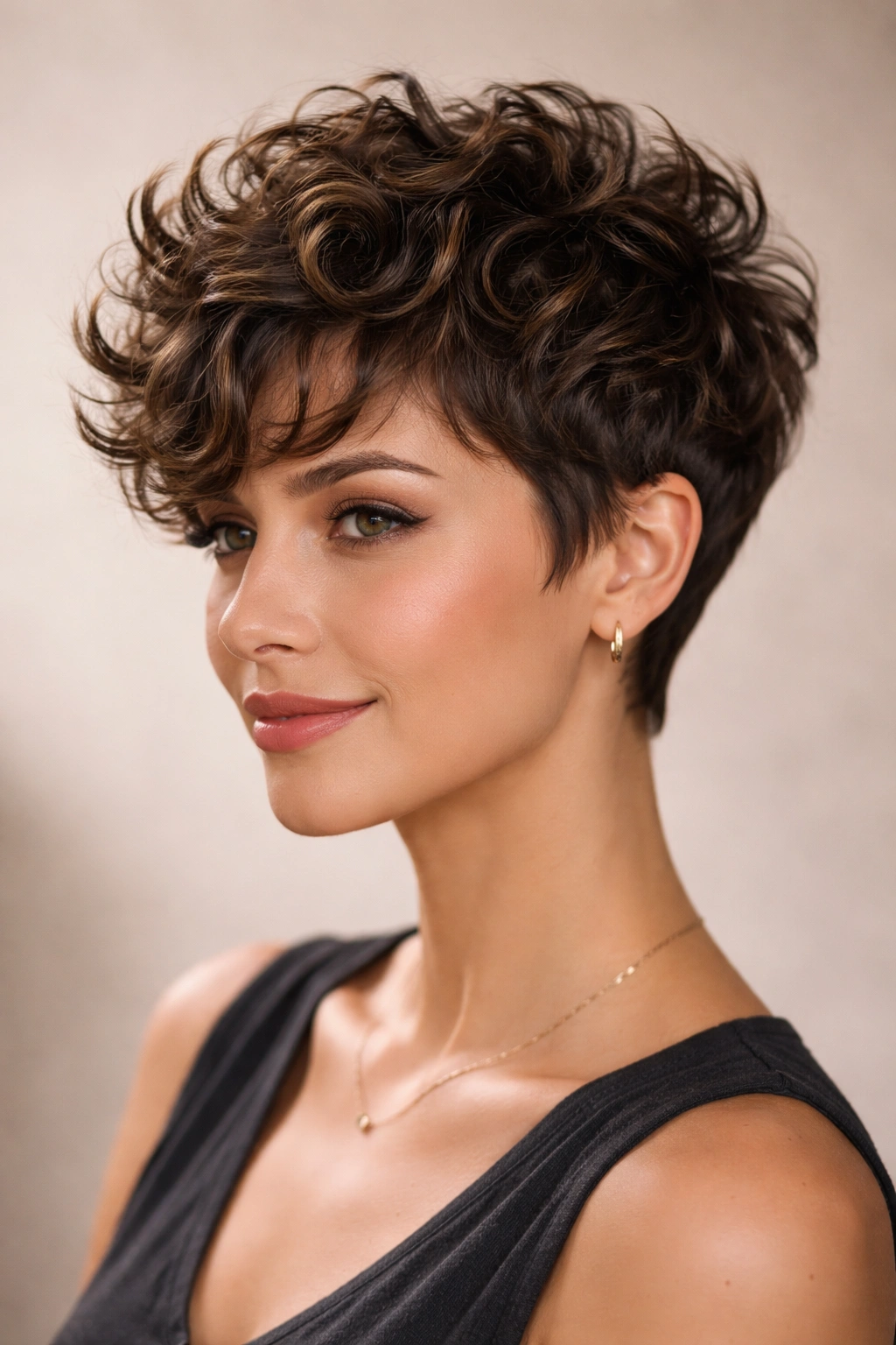 Portrait of a feathered sides pixie with textured top and tapered sides