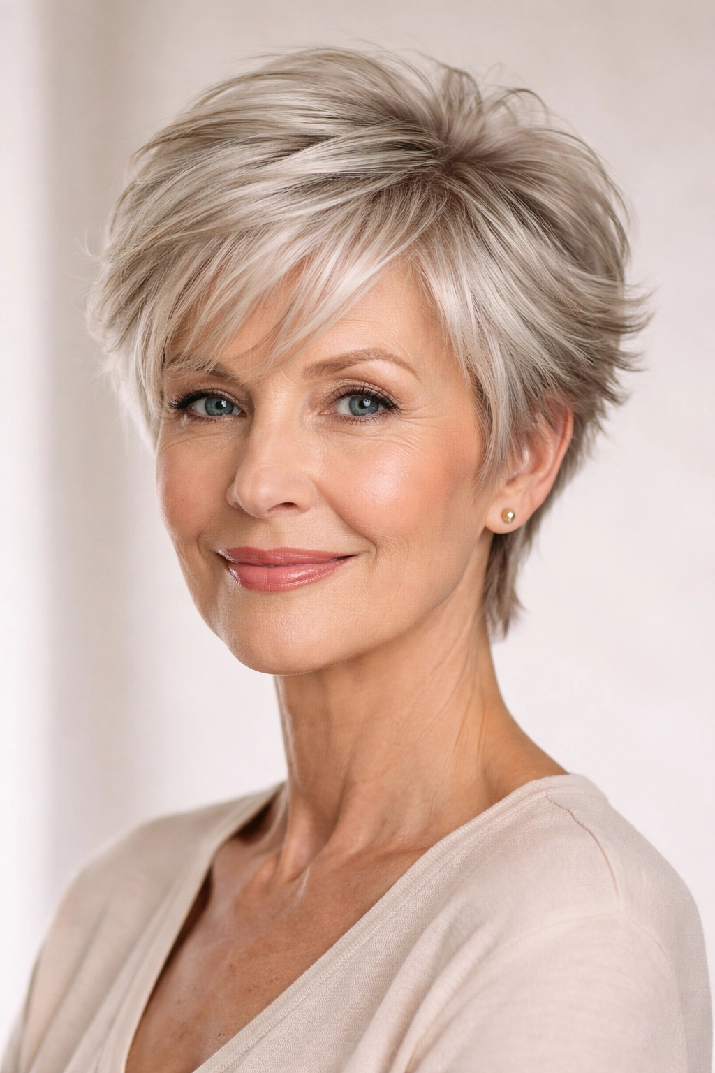 Close-up of a woman with a feathered pixie cut showing light, airy layers and tapered sides.