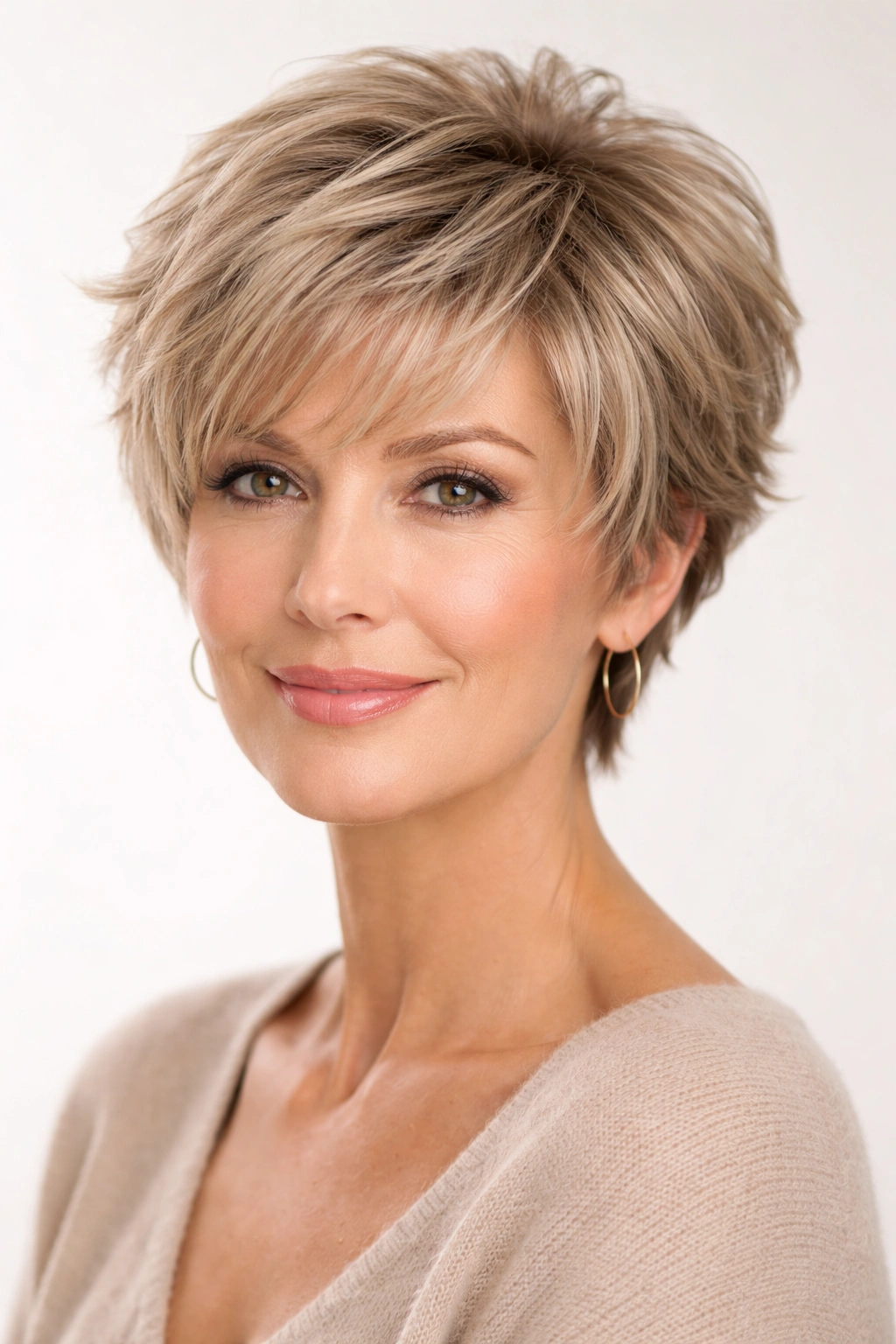 Short feathered pixie with wispy soft edges framing the face.