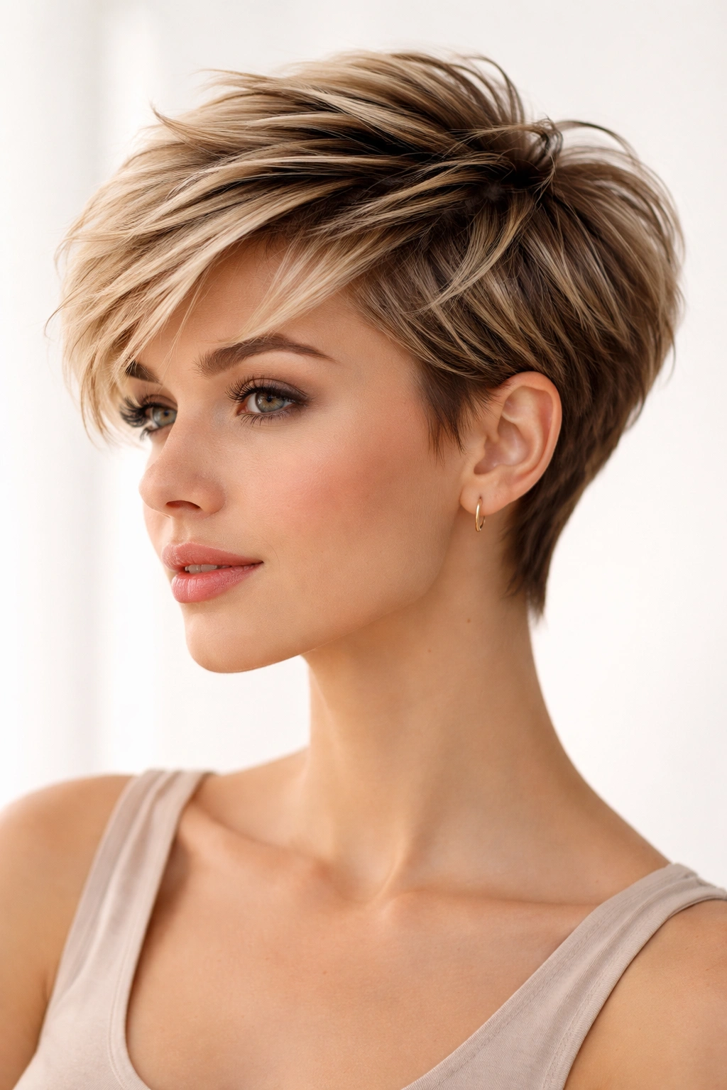 Close-up of The Feathered Pixie Cut with longer top layers swept back for movement