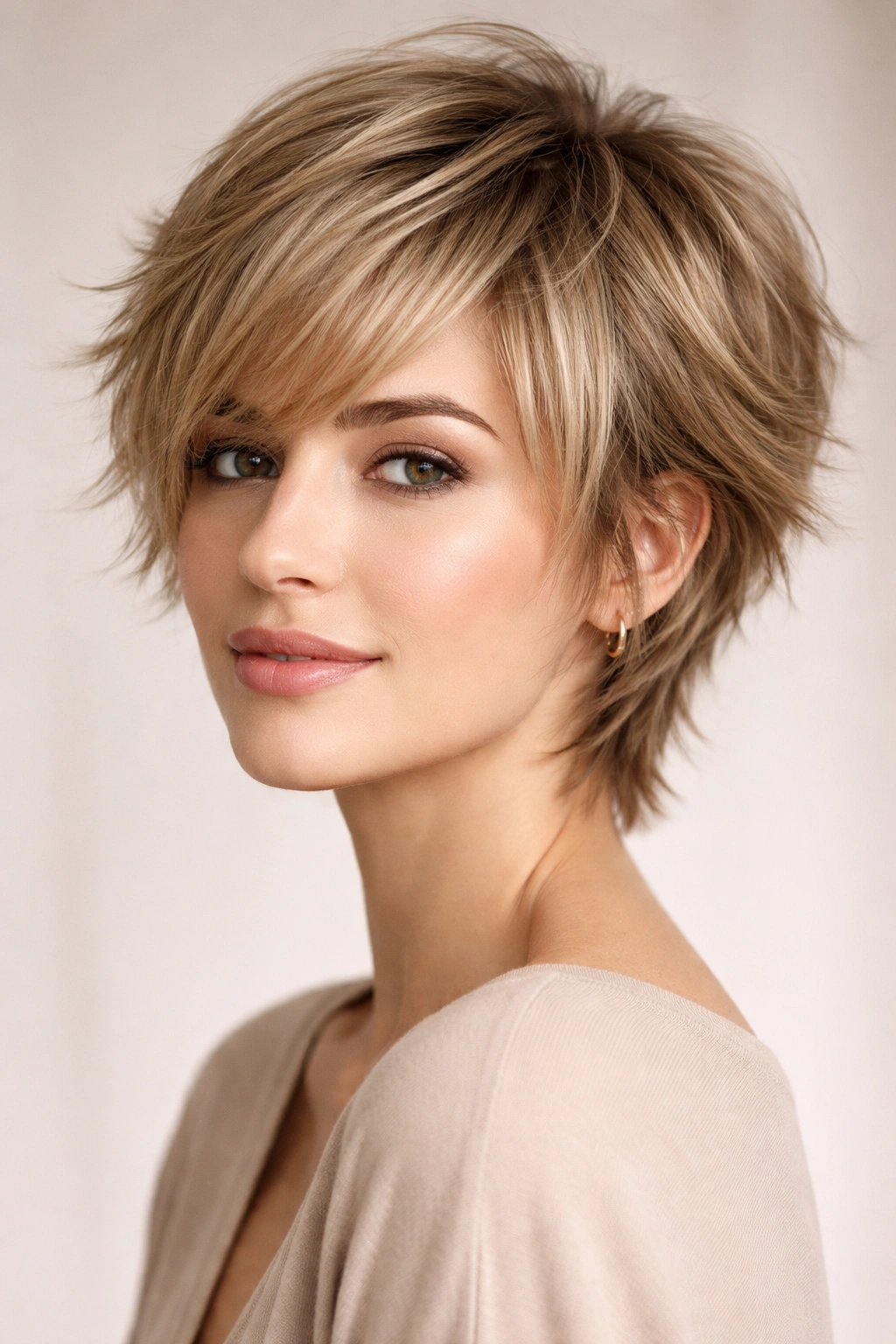 Feathered pixie cut with soft layers and wispy movement around the face.