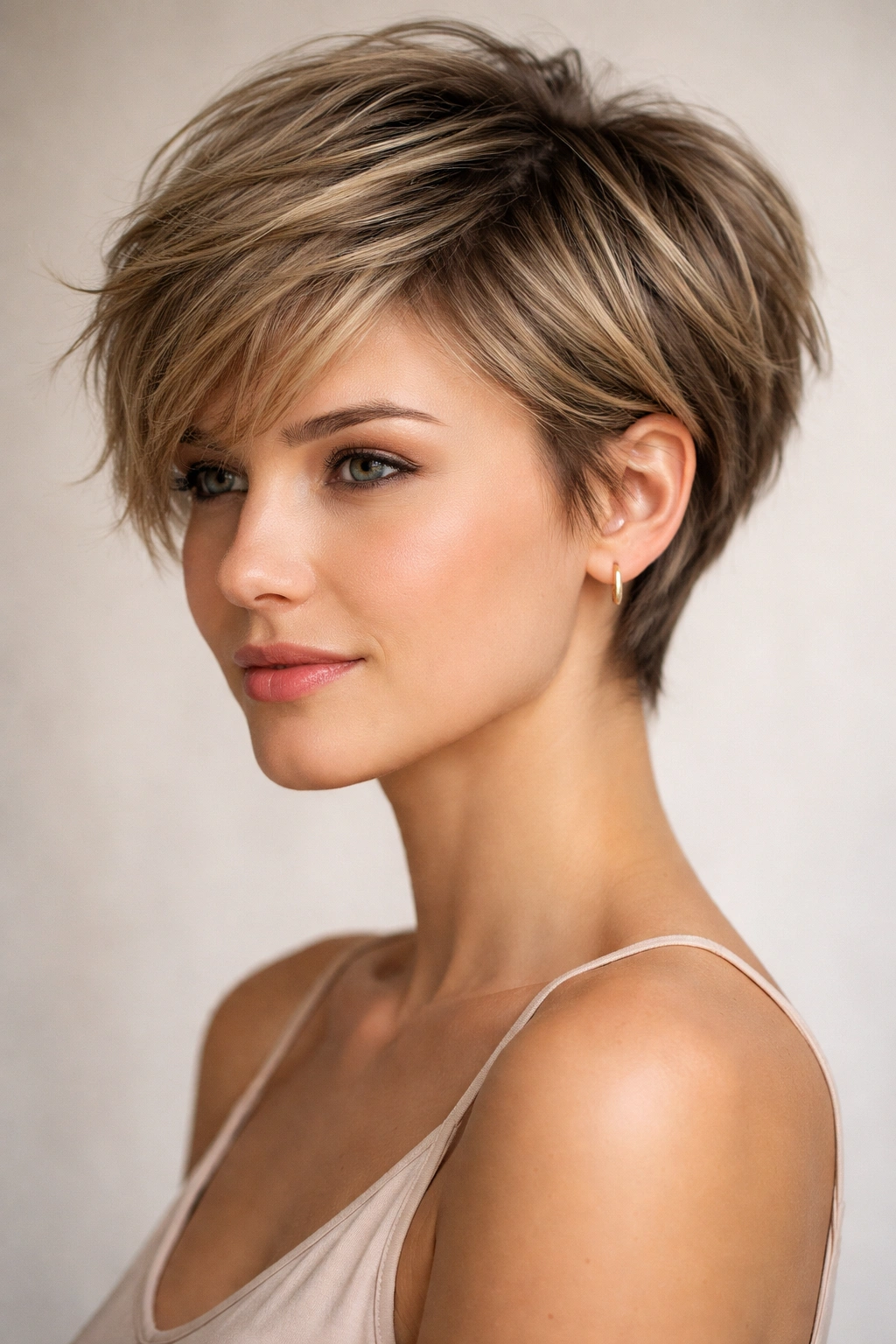20 Very Short Haircuts That Still Look Feminine 7 Close-up of a feathered pixie cut with soft feathered layers and movement