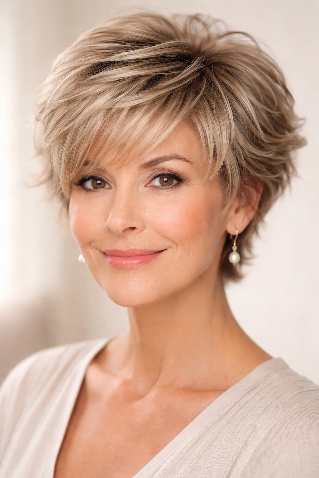 Close portrait of a thick-haired model with a short feathered pixie cut, wispy layers