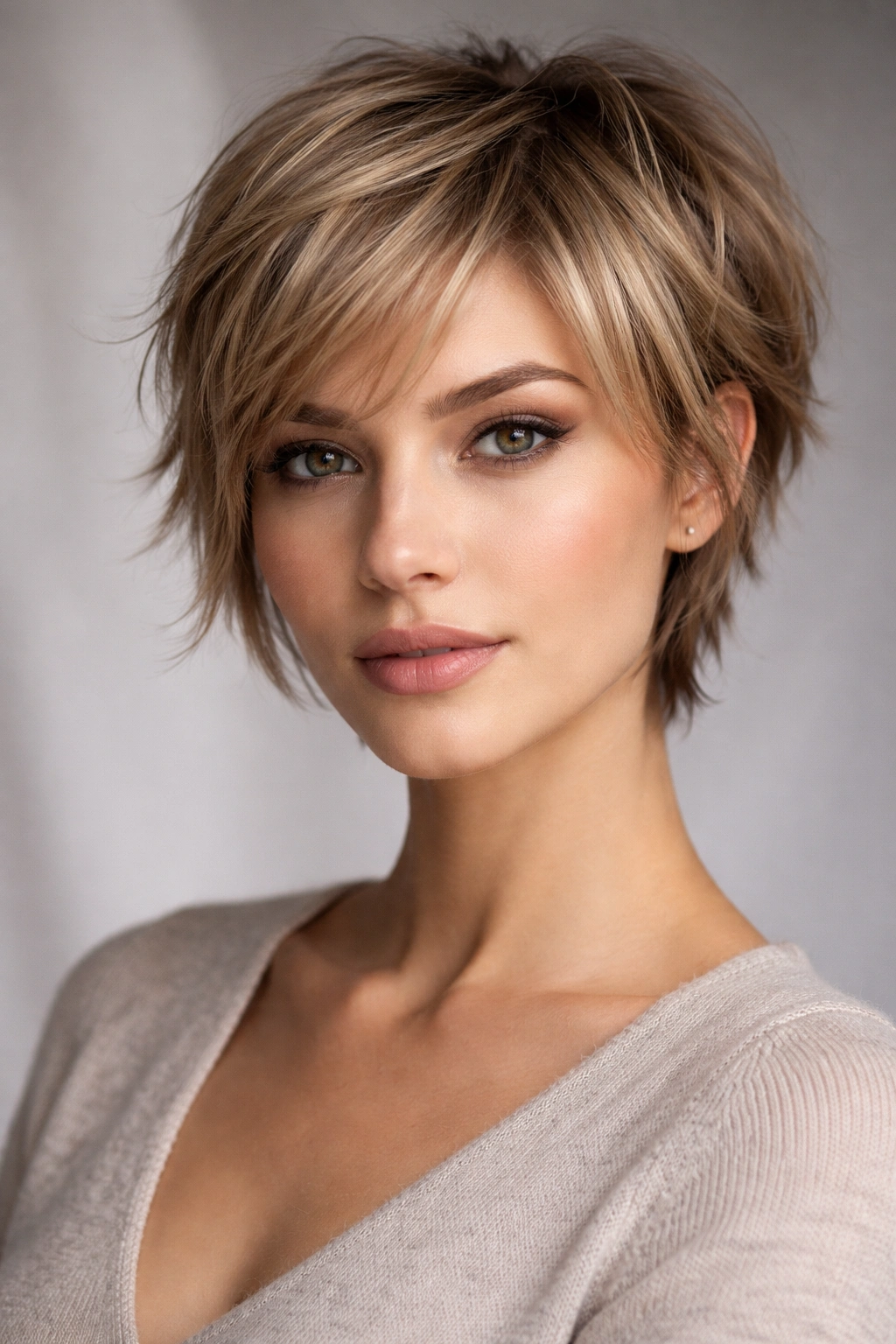 Portrait of diamond-shaped face with feathered pixie showing soft, layered texture