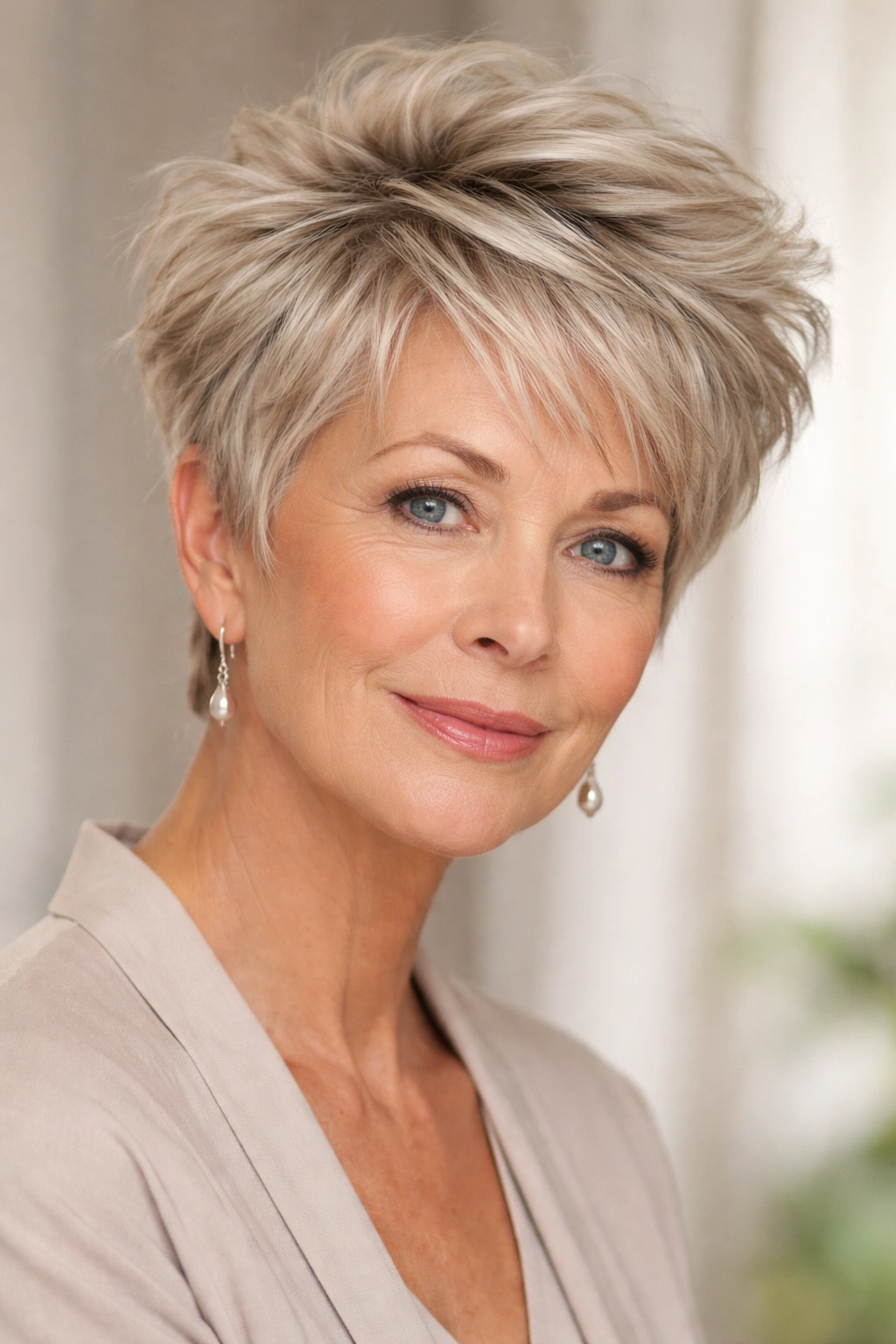 20 Haircuts For Women Over 60 By Face Shape 6 Feathered pixie with longer top on a diamond-shaped face.