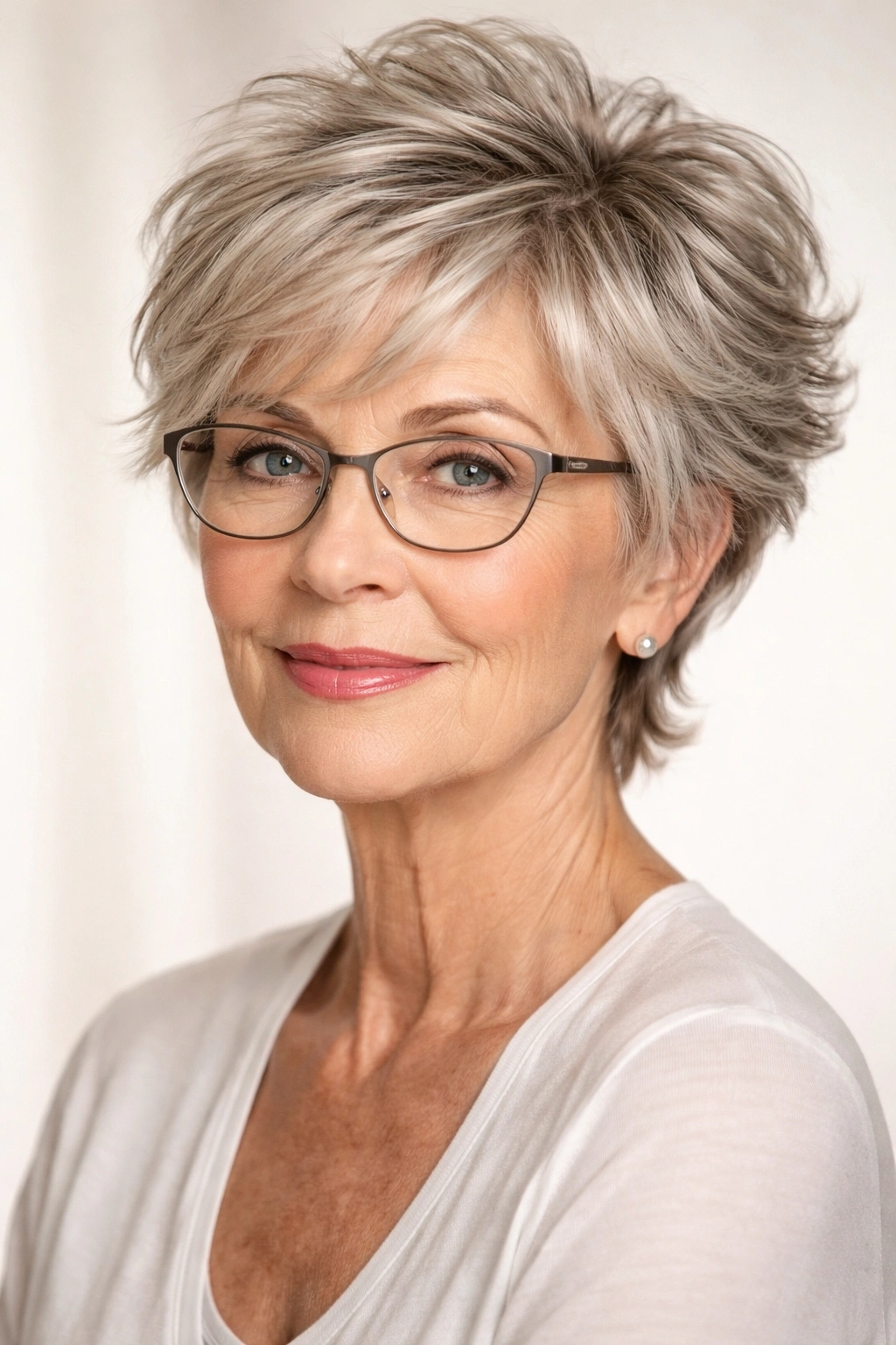 Close-up of a feathered pixie adding volume to fine hair.