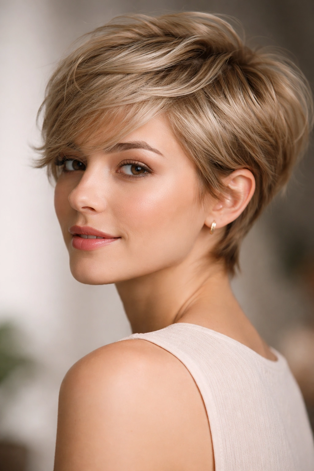 Feathered pixie hairstyle with soft layers for fine hair