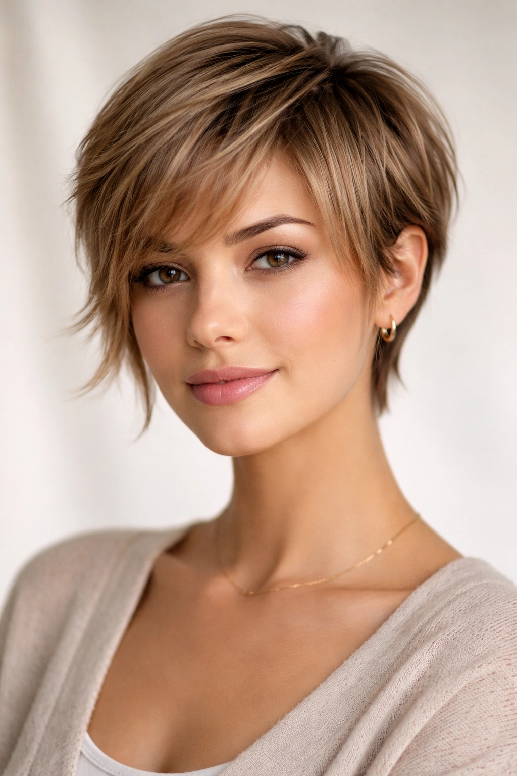 Feathered Pixie With Longer Front Pieces showing asymmetrical face framing