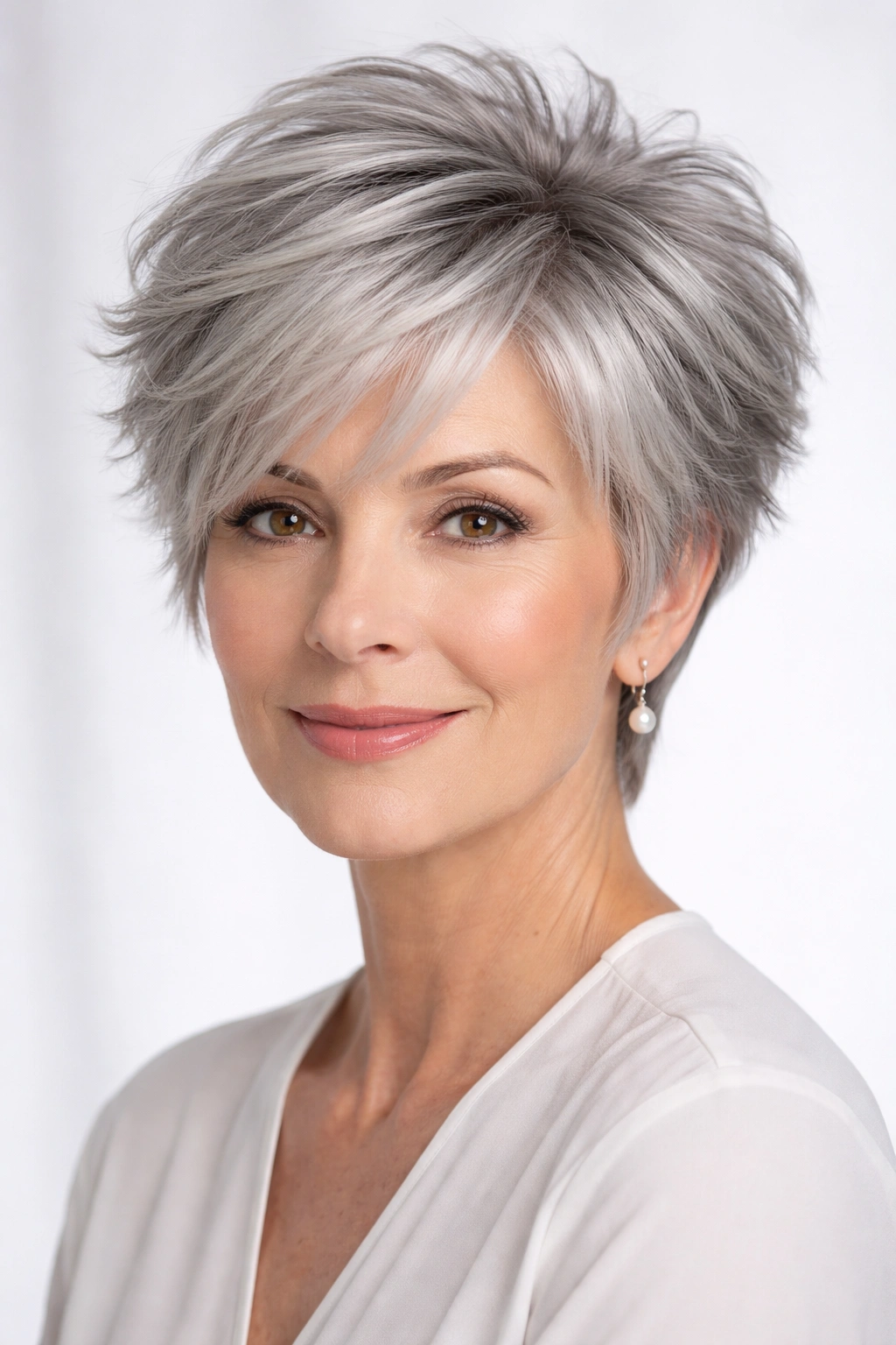 Feathered pixie with gray silver tones and feathered layers