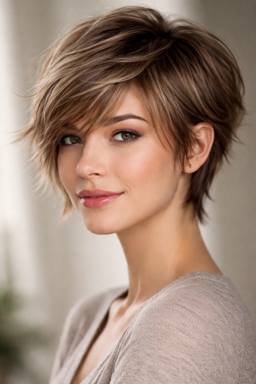 Feathered pixie with grown-out bangs and light layering