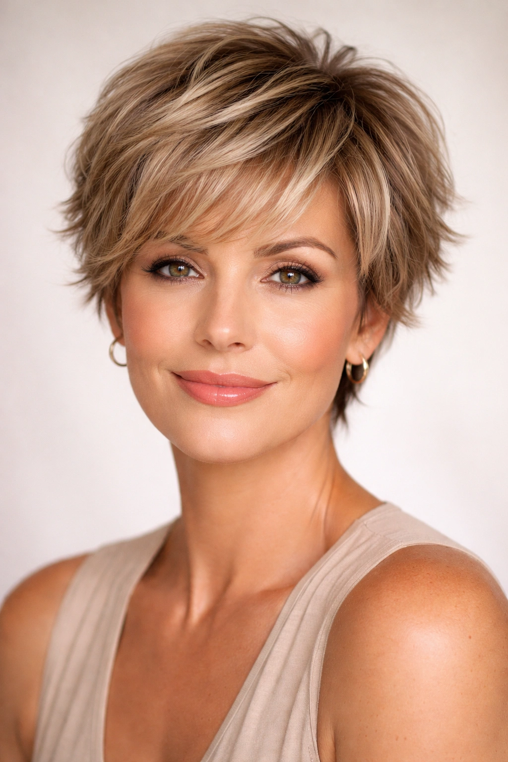 Portrait of a woman with a feathered pixie hairstyle with soft feathered layers
