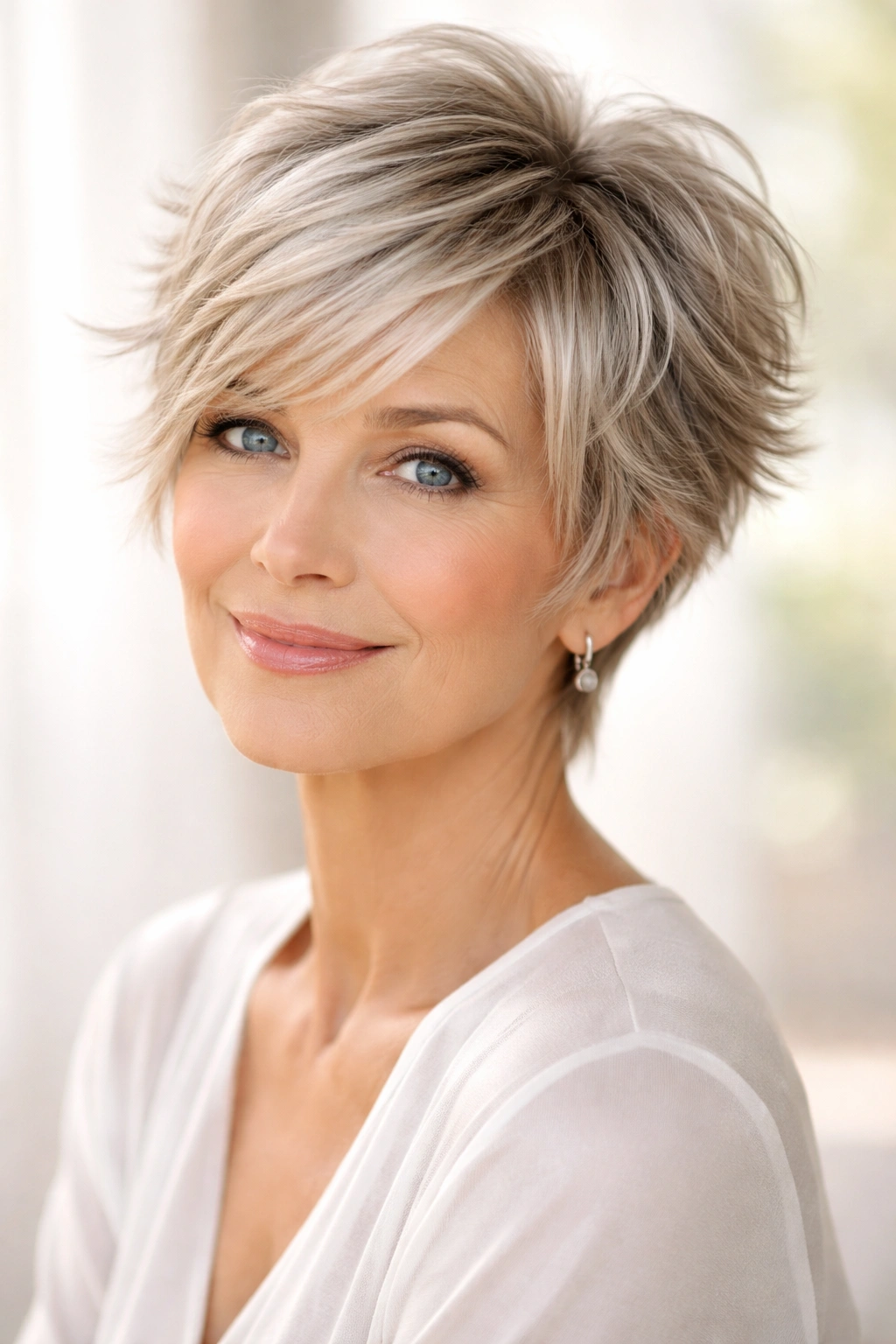 Feathered pixie haircut with soft textured layers and side fringe