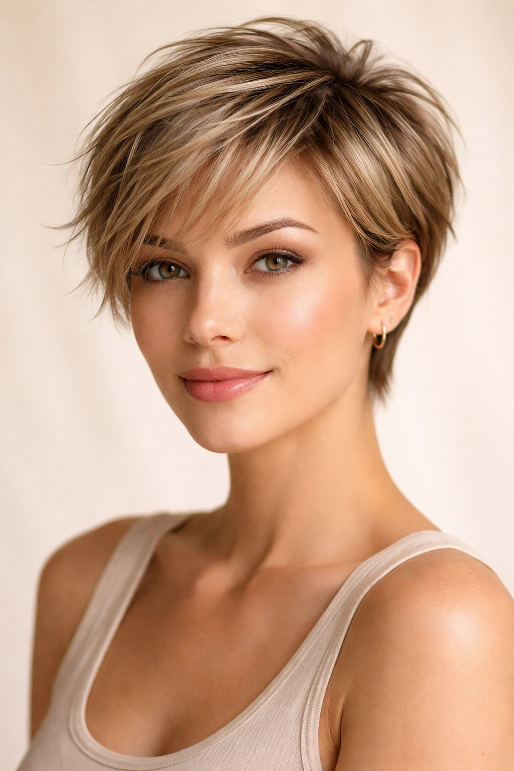 Feathered pixie with long layers and wispy movement.