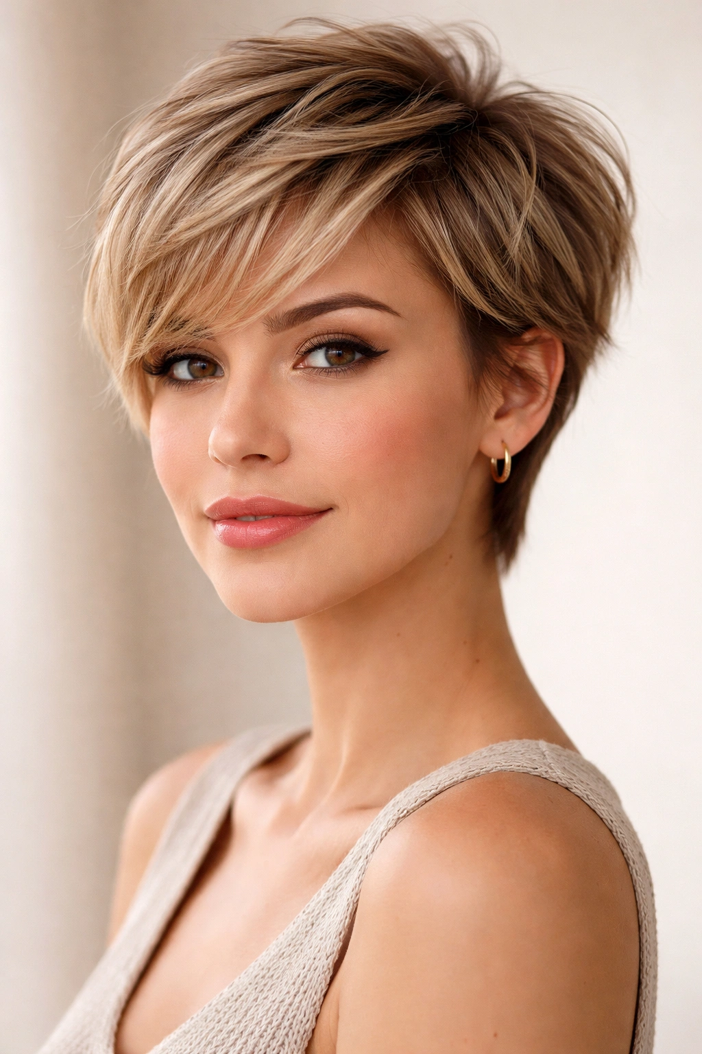 Portrait of a person with a feathered pixie haircut showing movement and softness on an oval face