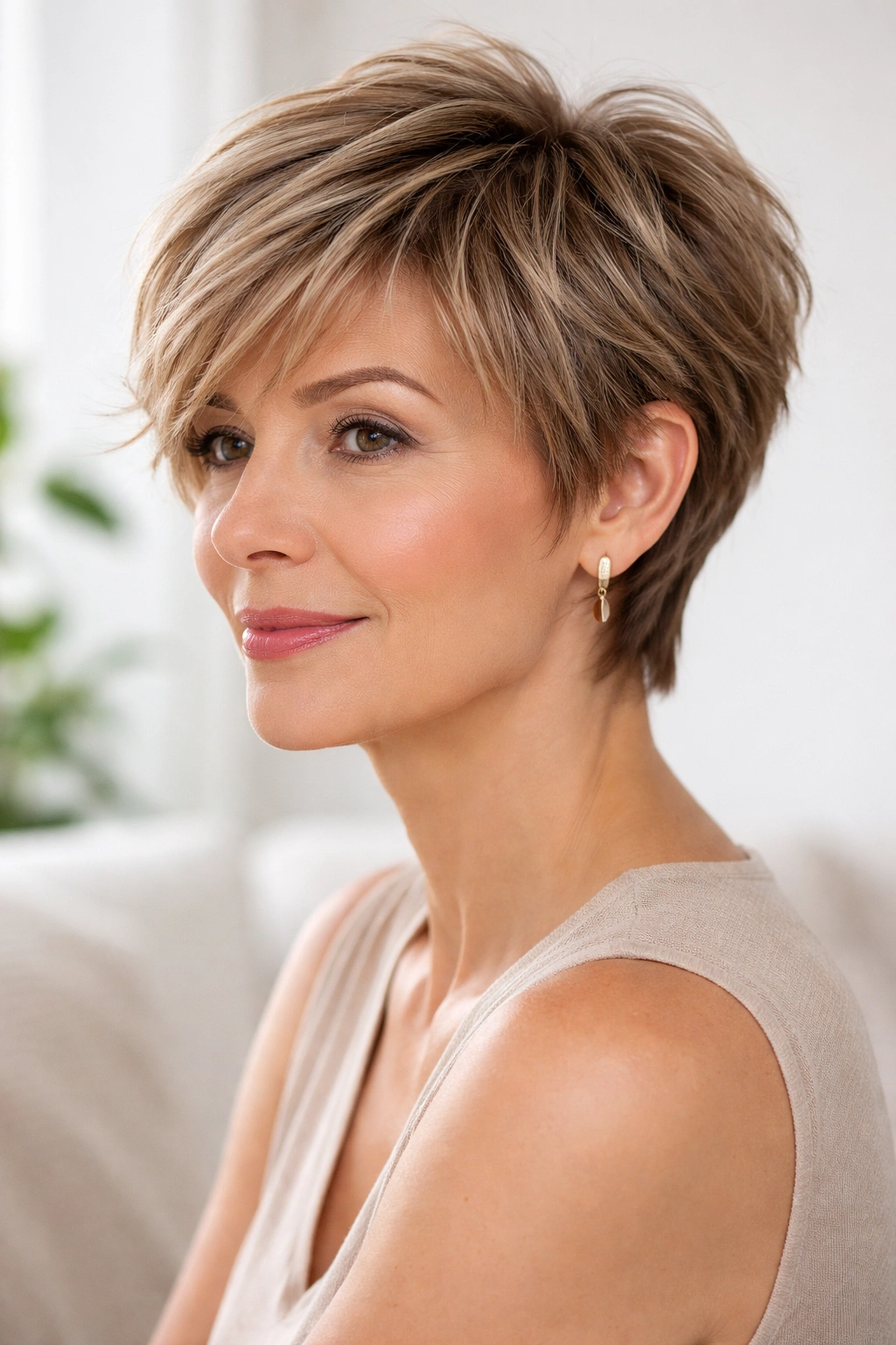 Feathered pixie with wispy feathered layers and soft movement.