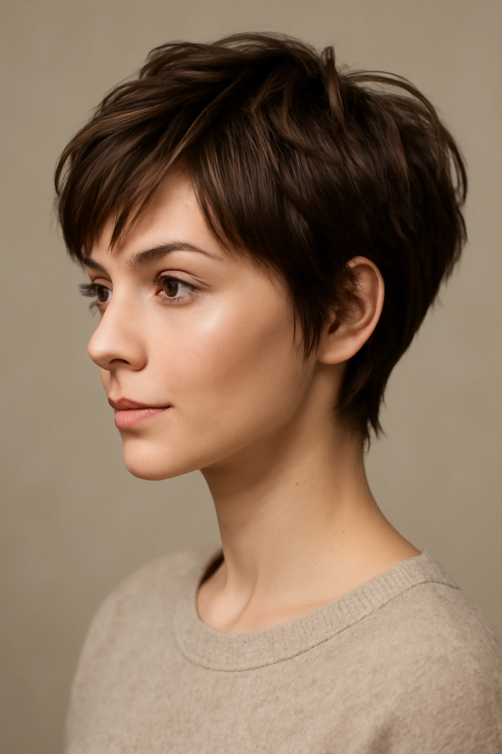 Close-up of a pixie with feathered, soft-edged layers and gentle movement.