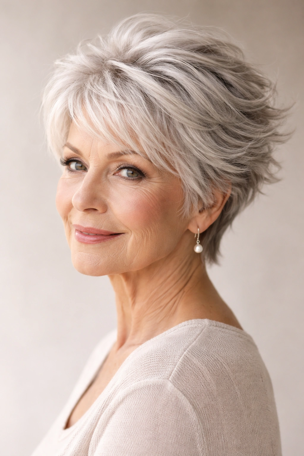 Feathered pixie hairstyle with wispy layers and voluminous crown on a woman against a neutral backdrop