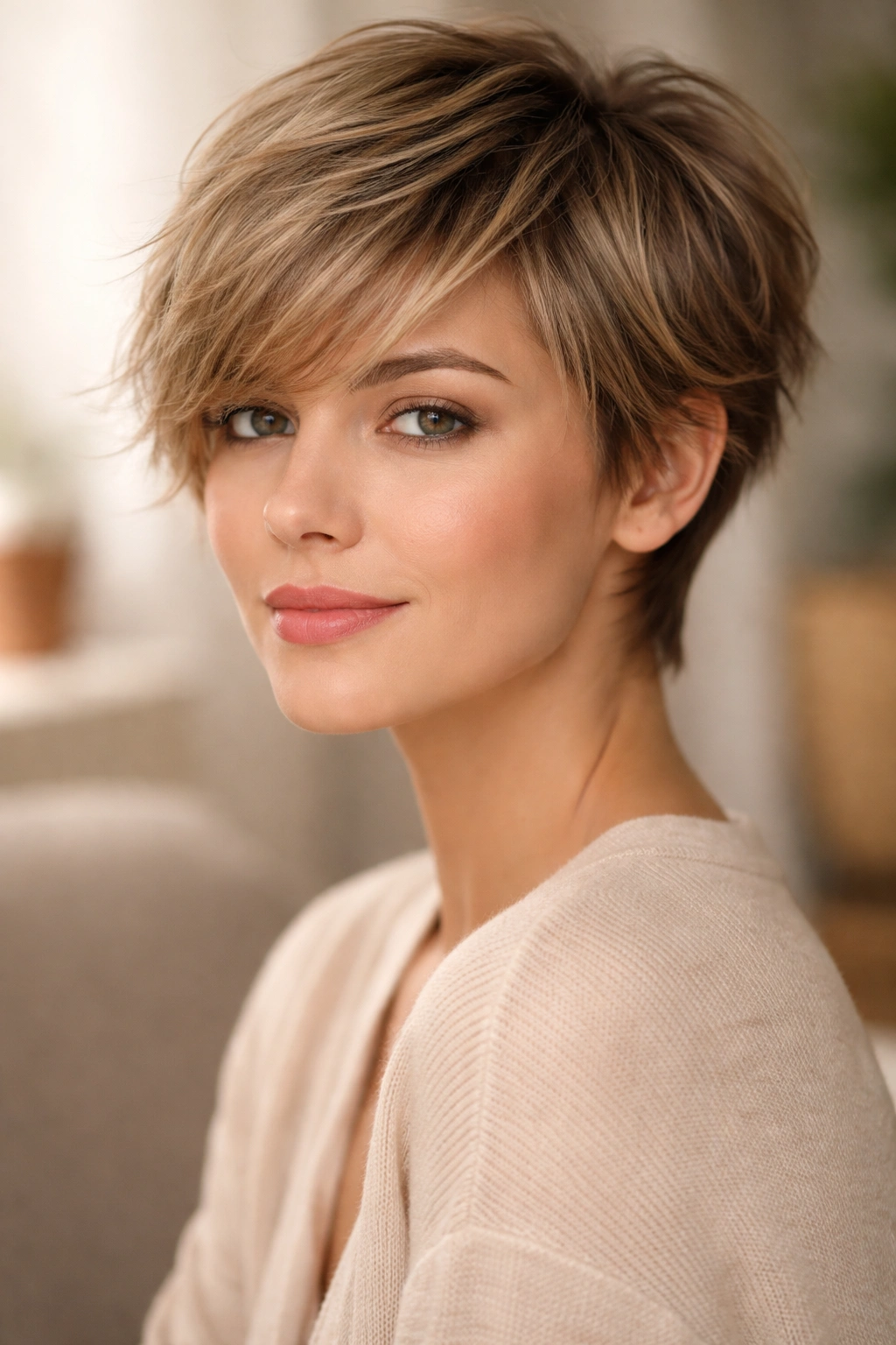 Feathered pixie with soft layers showing movement