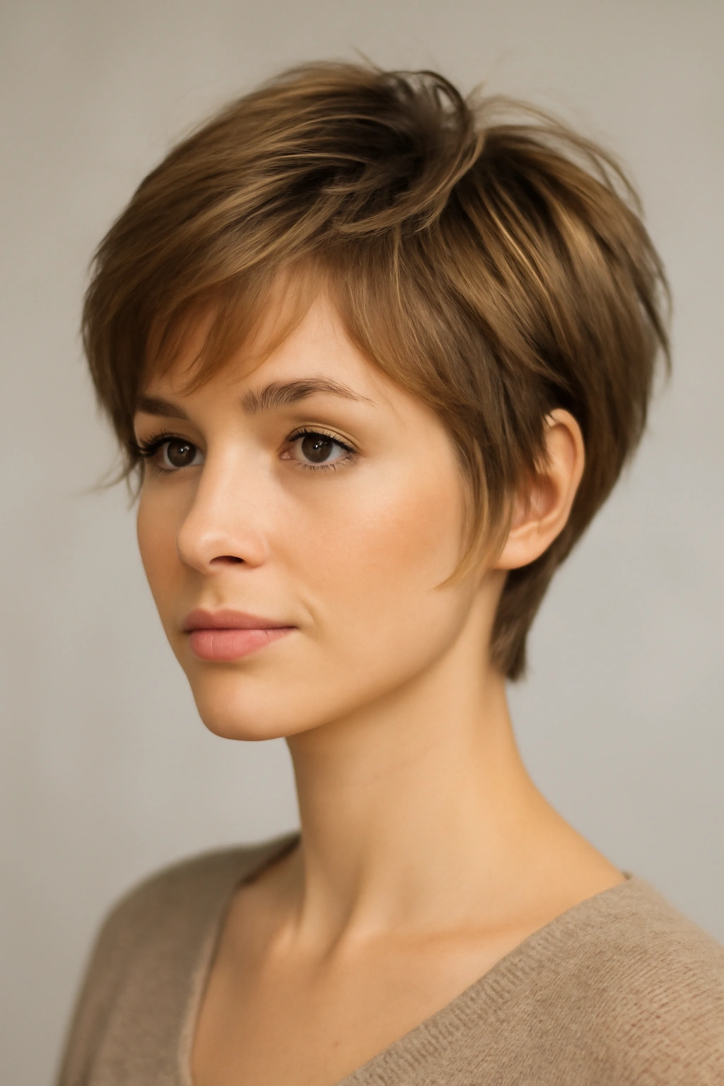Feathered pixie with soft layers showing movement