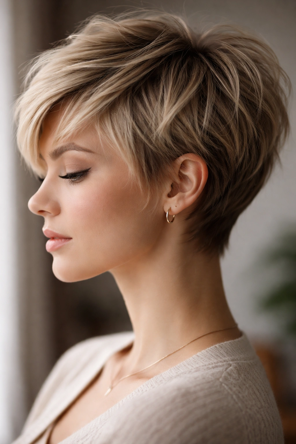 10 Layered Straight Short Cuts That Look So Clean 8 Close-up profile of a feathered pixie with wispy layers sweeping away from the face