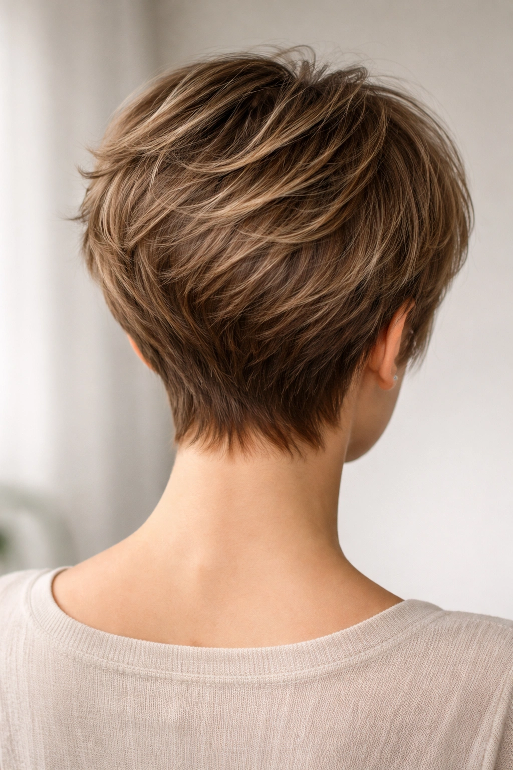 Back view of a feathered pixie with soft layers and rounded nape.