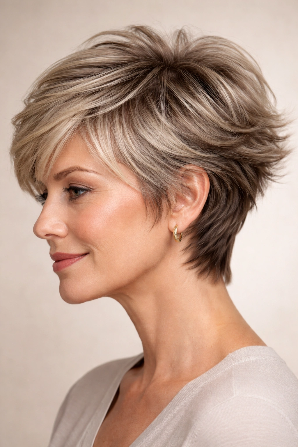 Close-up of a feathered pixie with wispy layers and soft movement