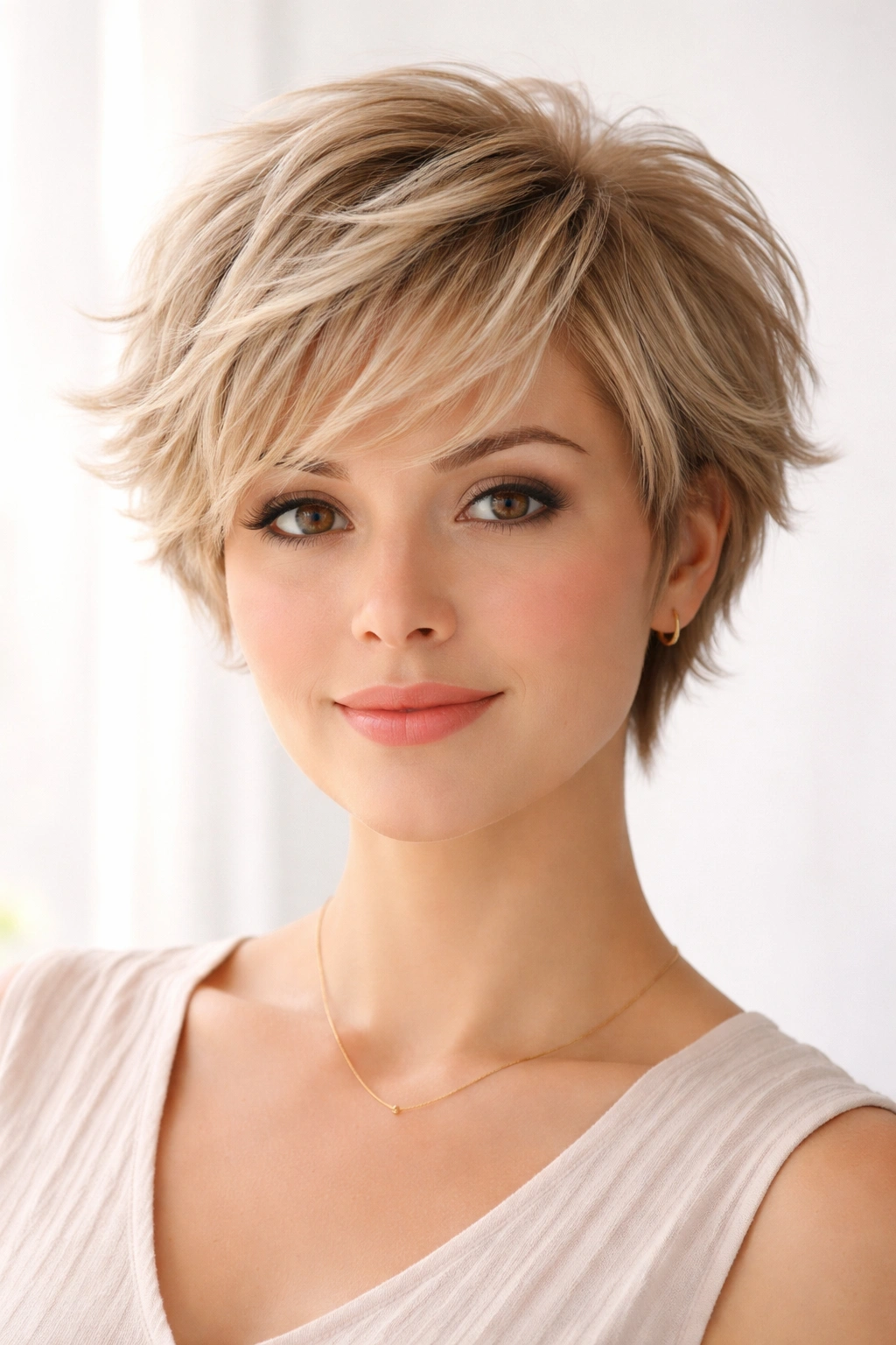 Close-up portrait of a The Feathered Pixie with feathered lifted layers