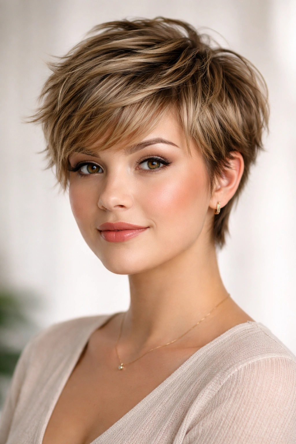 Portrait of a model with feathery pixie texture and soft movement