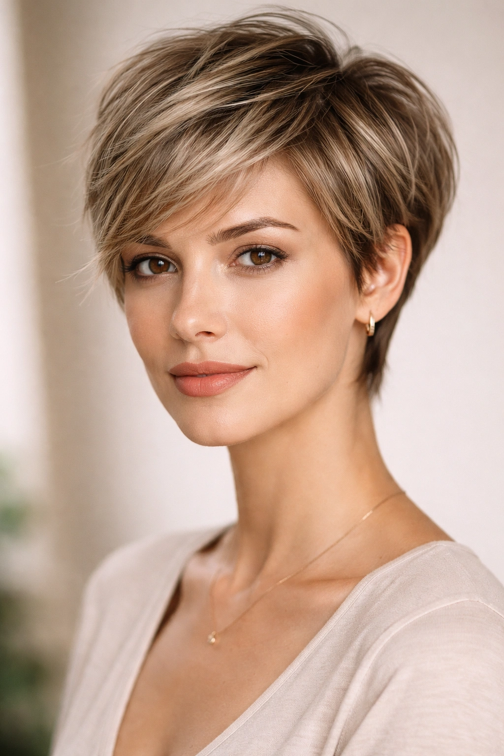 25 Short Haircuts Matched To Your Face Shape 21 Feathered pixie with soft layers for an oblong face, showing width and movement