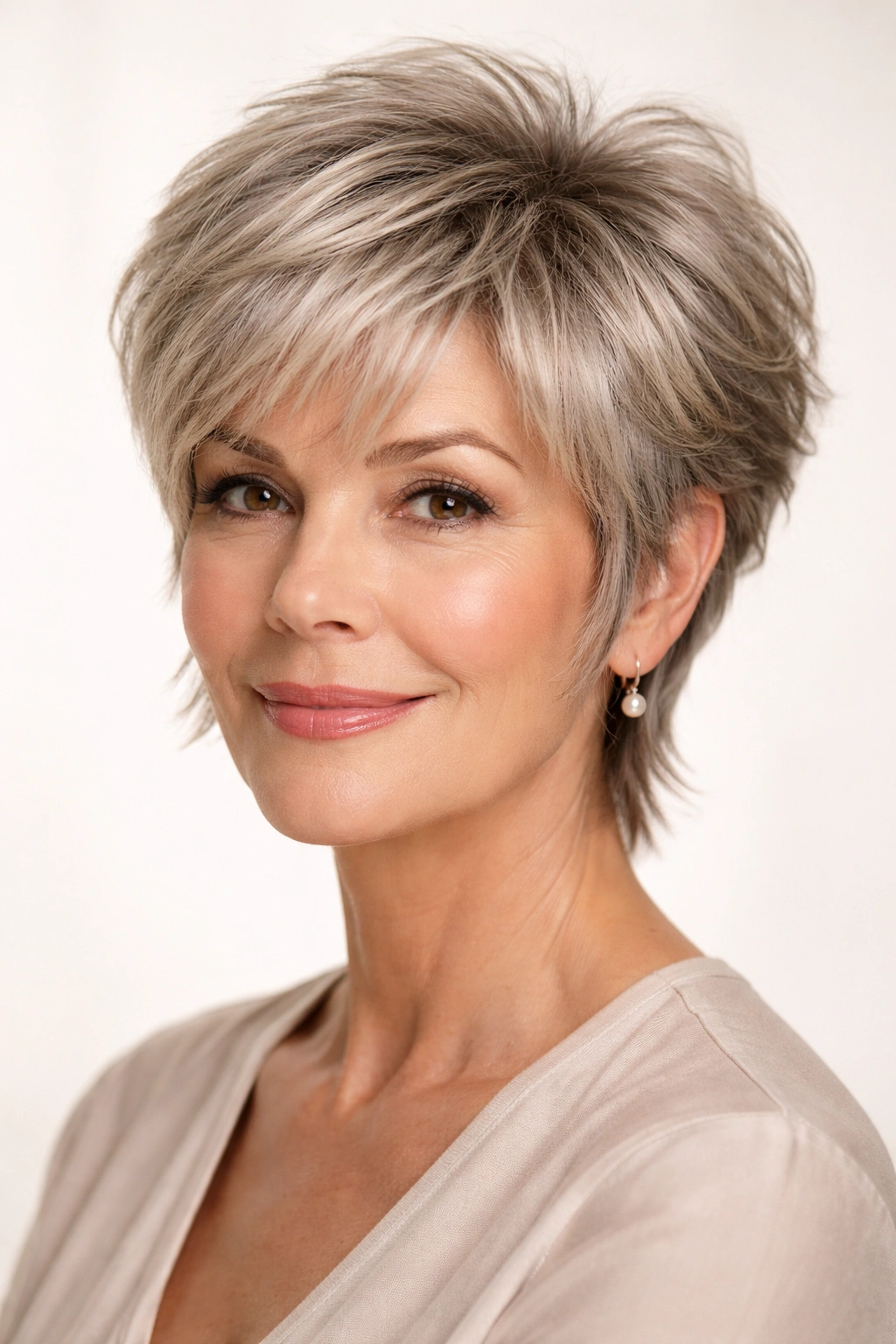 Close-up of a feathered pixie with longer sideburns highlighting face-framing texture
