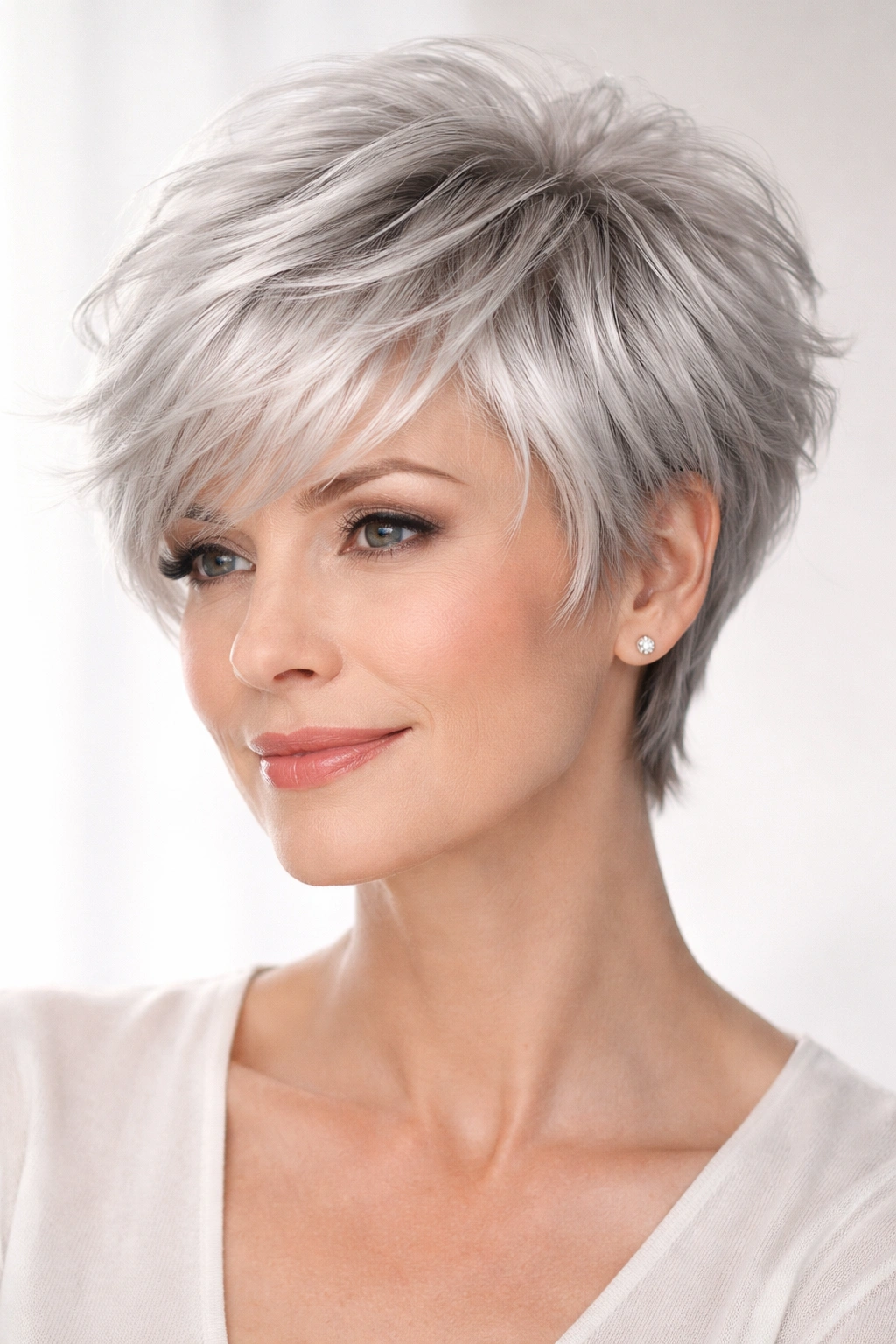Feathered pixie with soft wispy layers in silver mist.