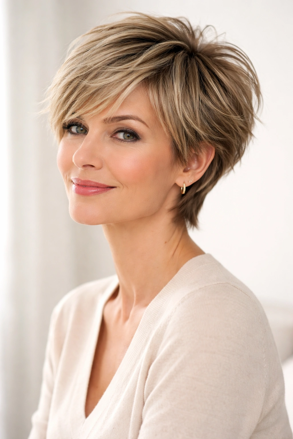15 Pixie Hairstyles That Shine On Women Over 40 6 Woman with soft feathered pixie and flowing layers