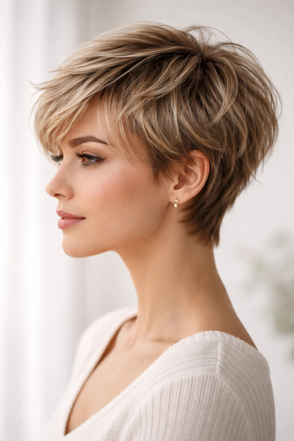 Profile portrait of feathered pixie with soft layers