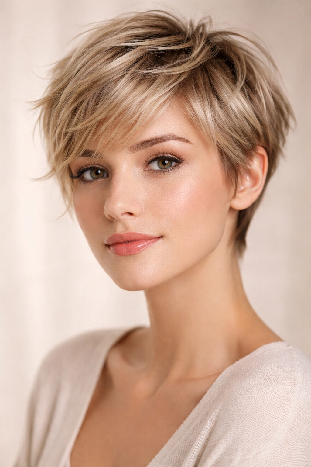 Soft feathered pixie with delicate, separated strands.