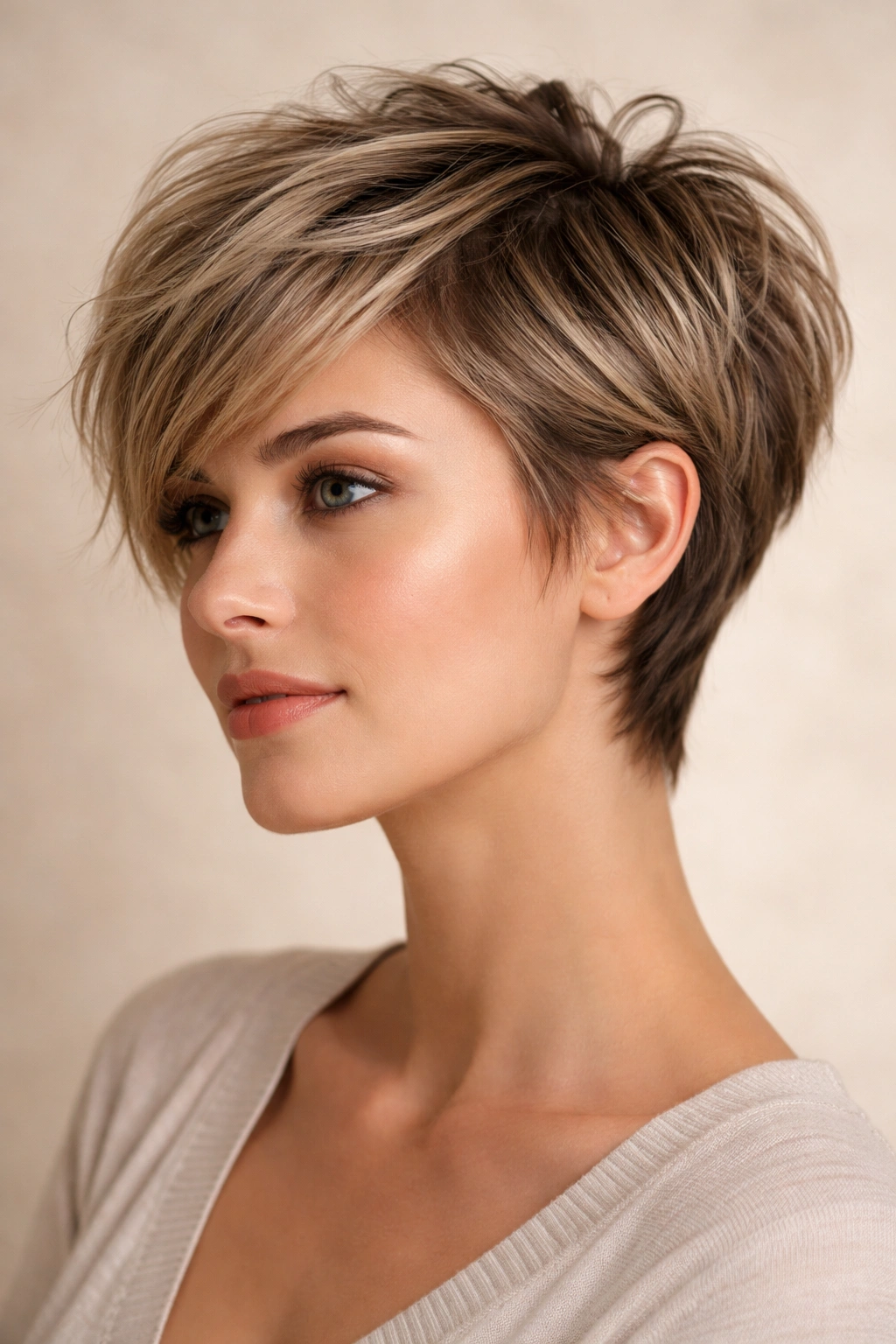 Close-up of a woman with layered feathered pixie hairstyle.