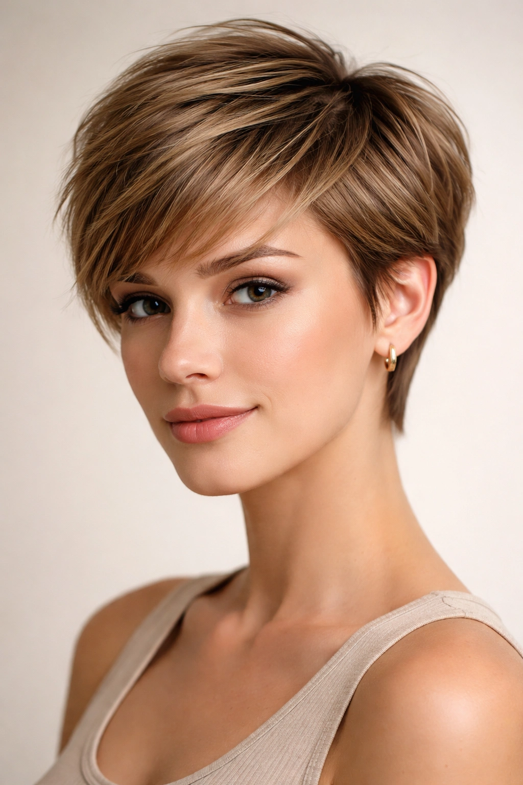 Close-up portrait of a model with a modern feathered pixie showing wispy top layers.