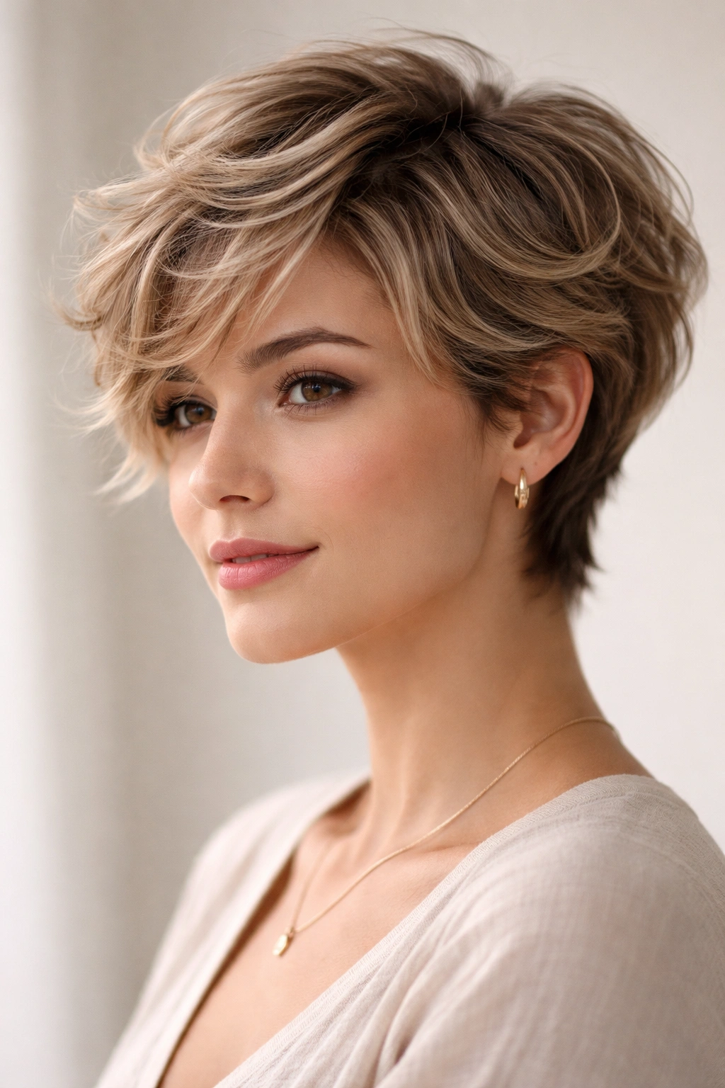10 Wavy Pixie Cuts That Almost Style Themselves 6 Close-up of a feathered pixie with soft texture sweeping away from the face