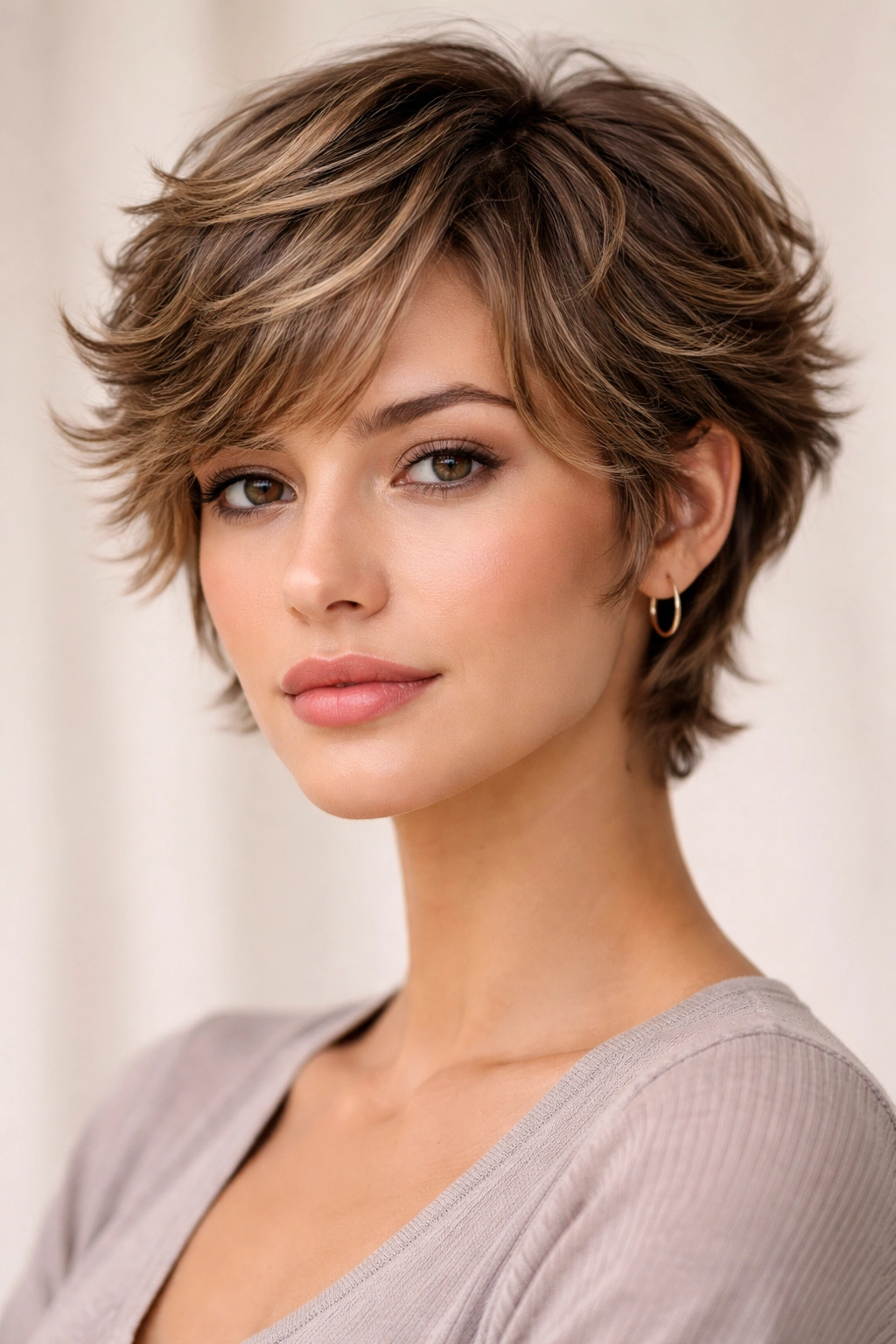 Feathered pixie with longer sides showing lifted layers and defined waves.