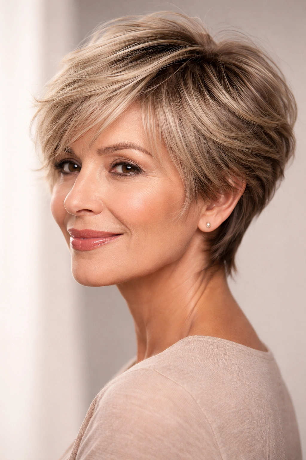 Feathered pixie cut with wispy, soft edges