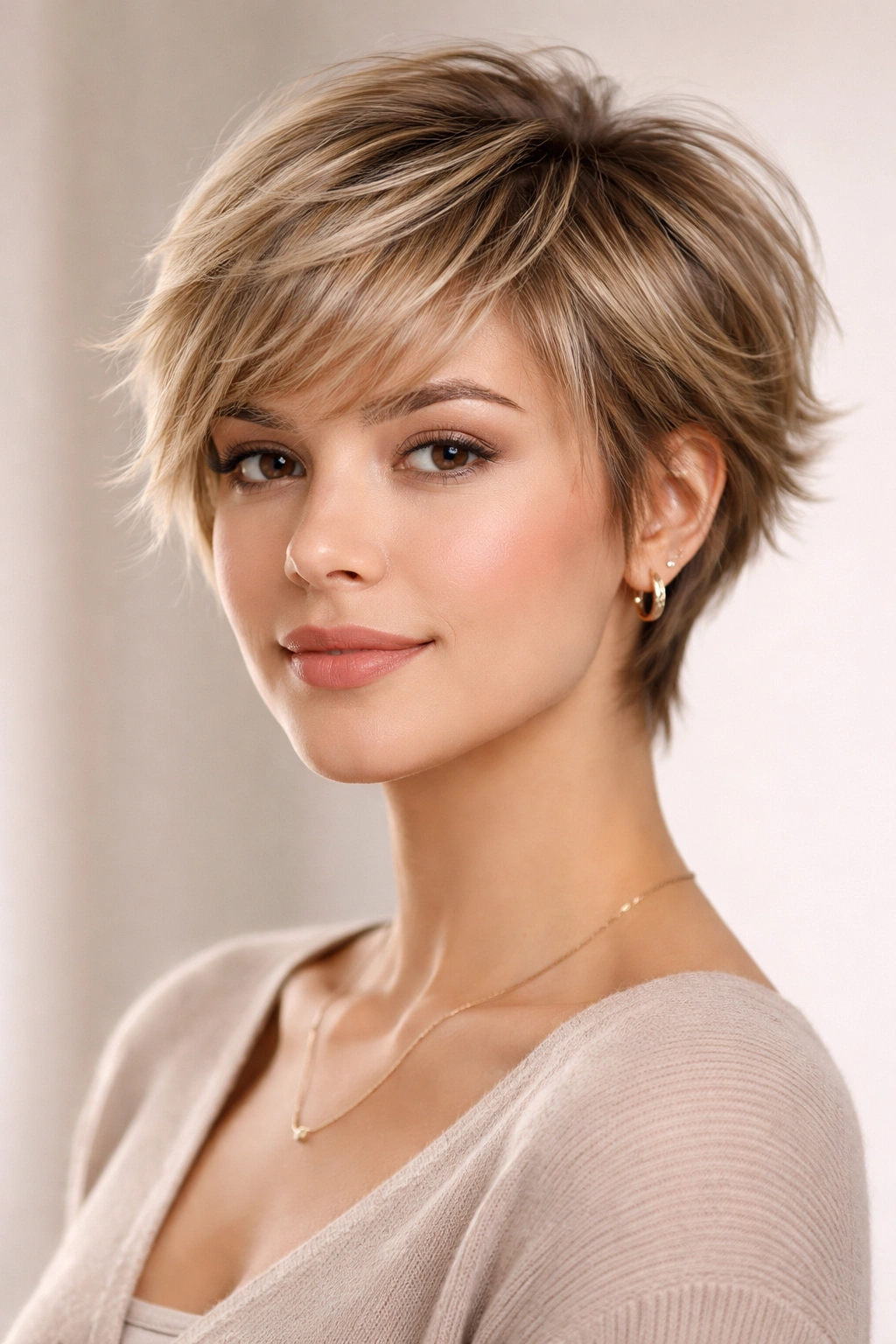 Feathered pixie with outward-pointing wispy ends creating a soft silhouette