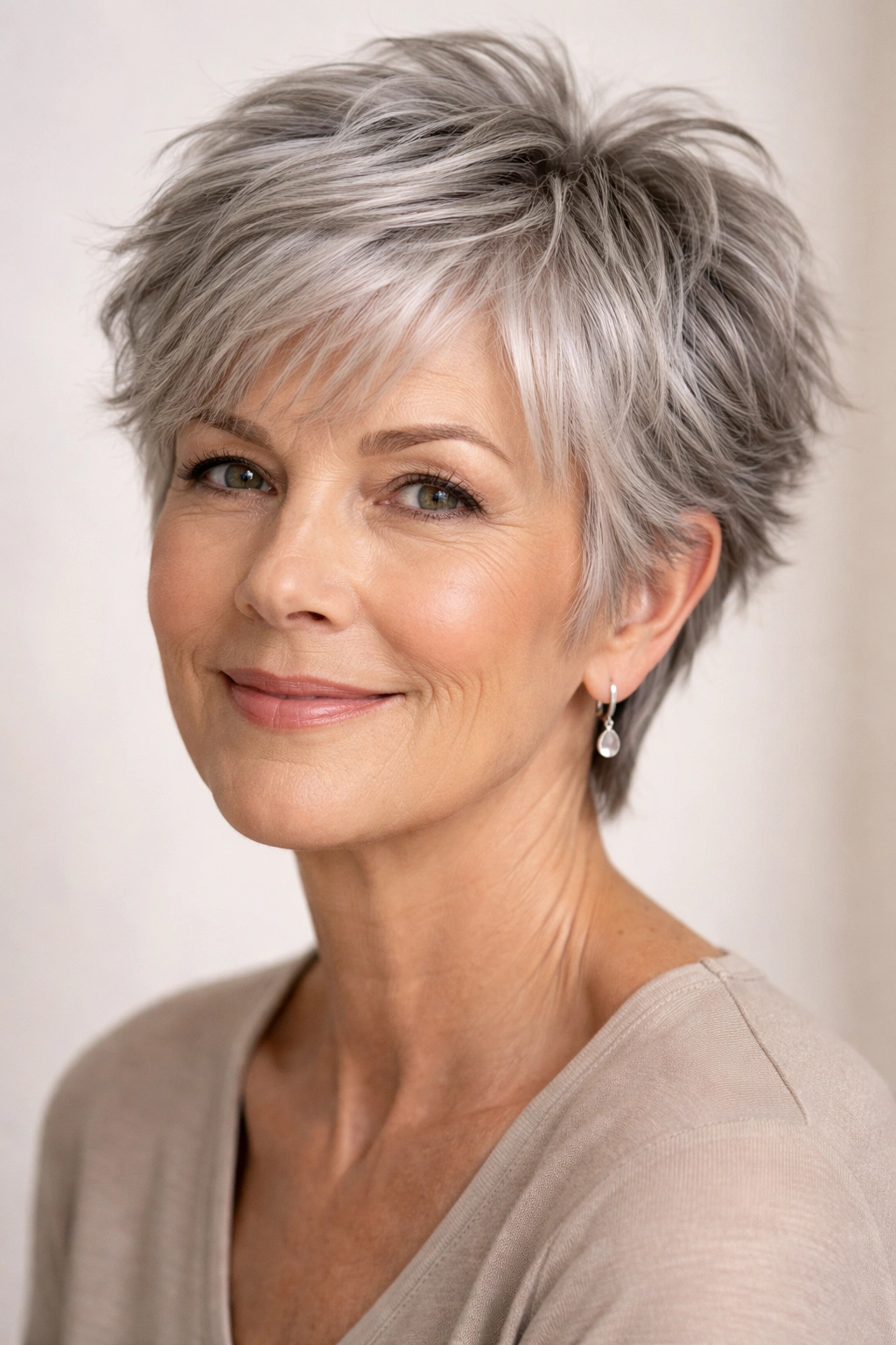 Mature woman with a feathered pixie cut and wispy layers
