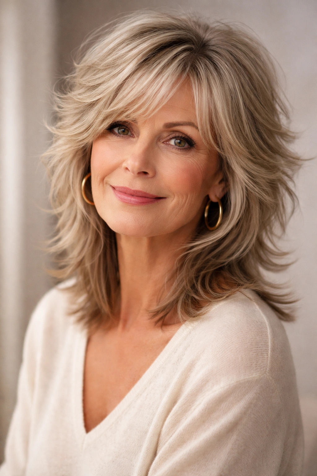 Close-up of mature woman with feathered shag featuring choppy layers and texture