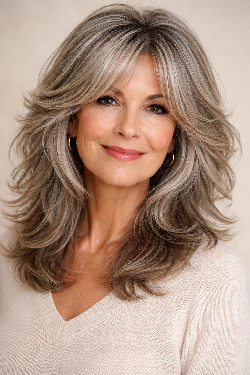 Portrait of an older woman with a feathered shag and curtain bangs, showcasing texture and movement