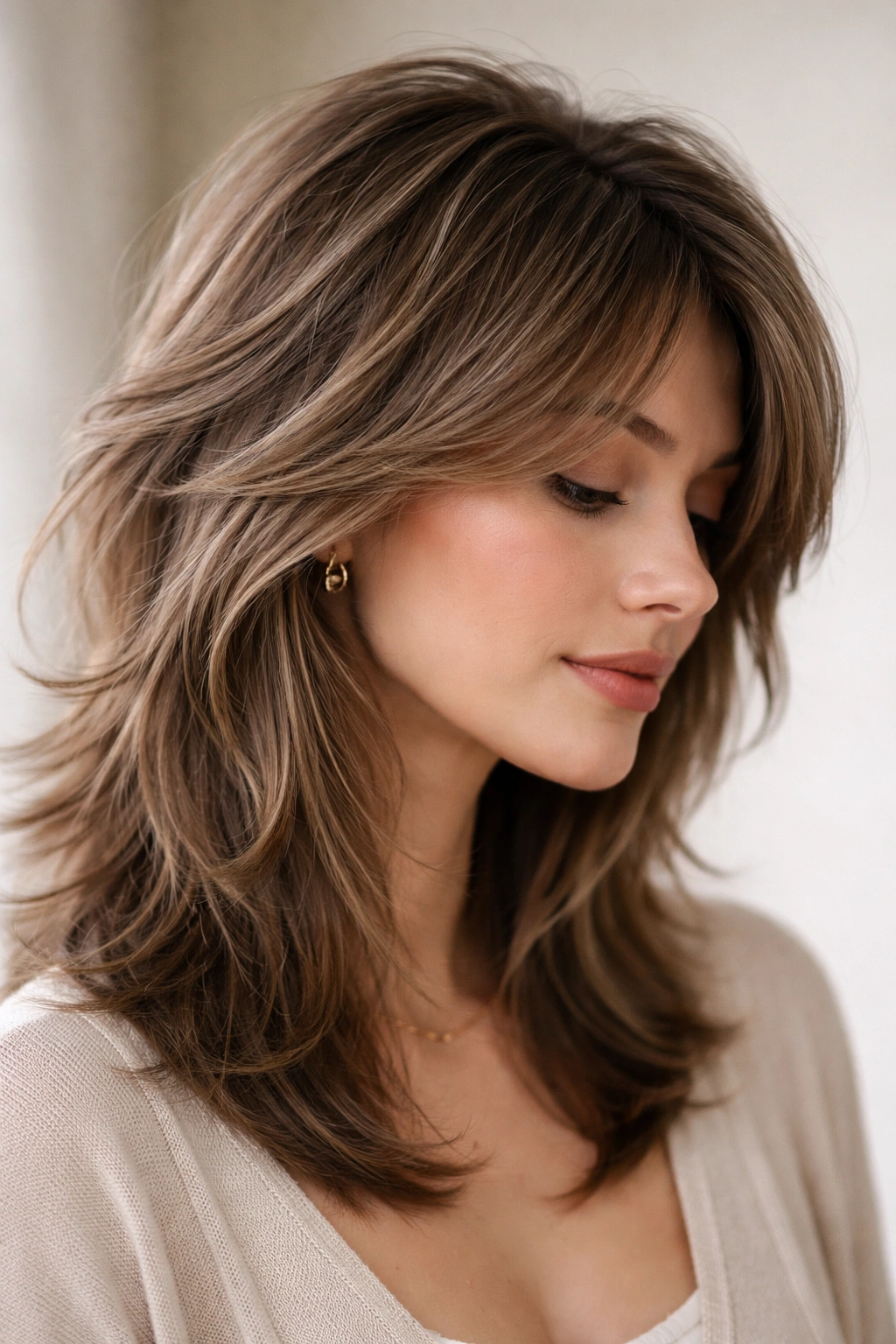 Feathered shag with soft curved bangs framing the face