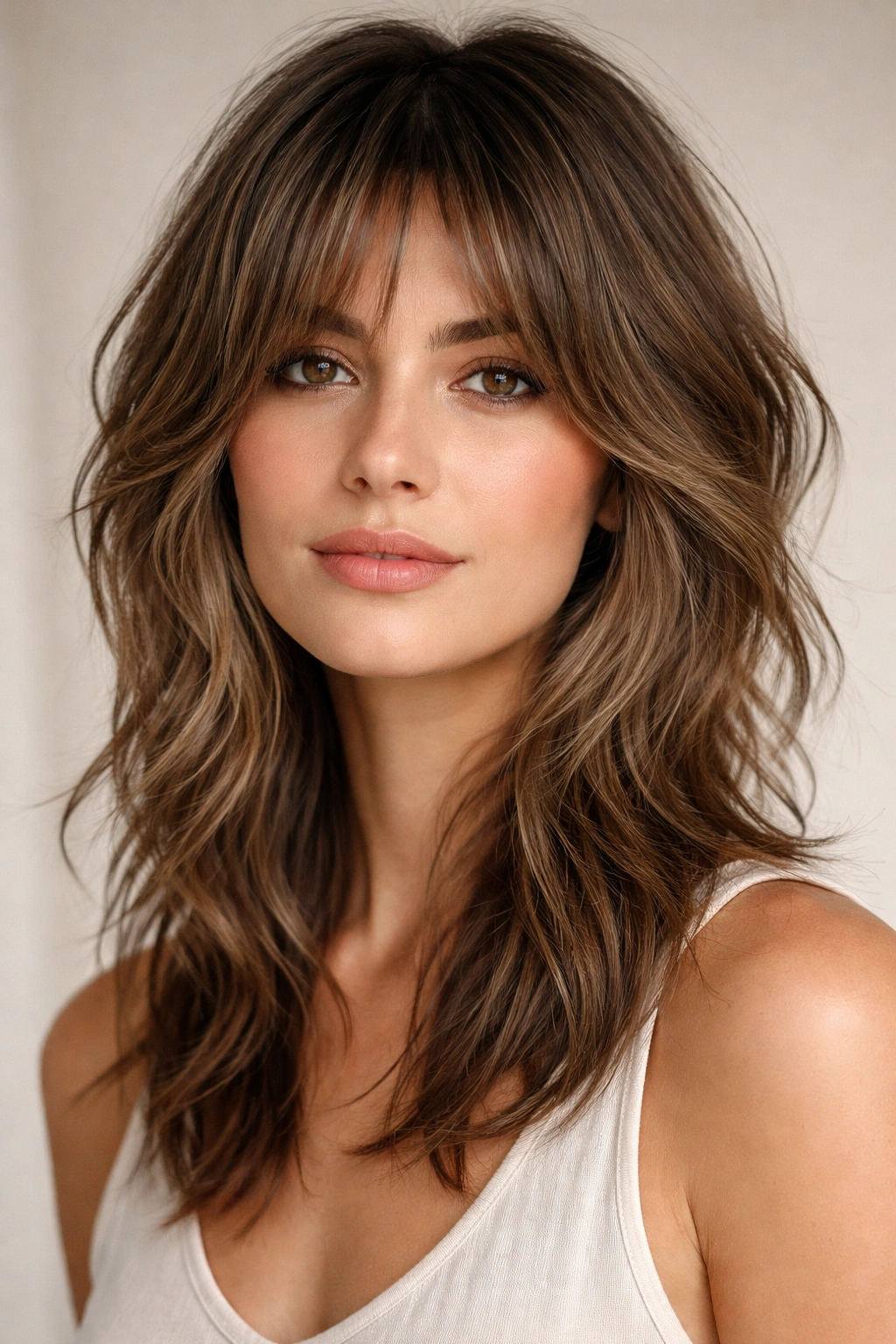 Portrait of a person with feathered medium shag showing soft, cascading layers