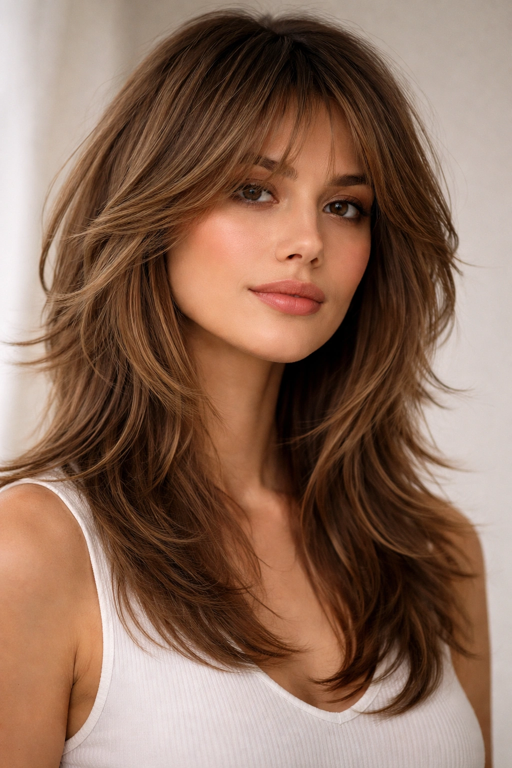 Feathered shag with soft feathered layers on straight hair