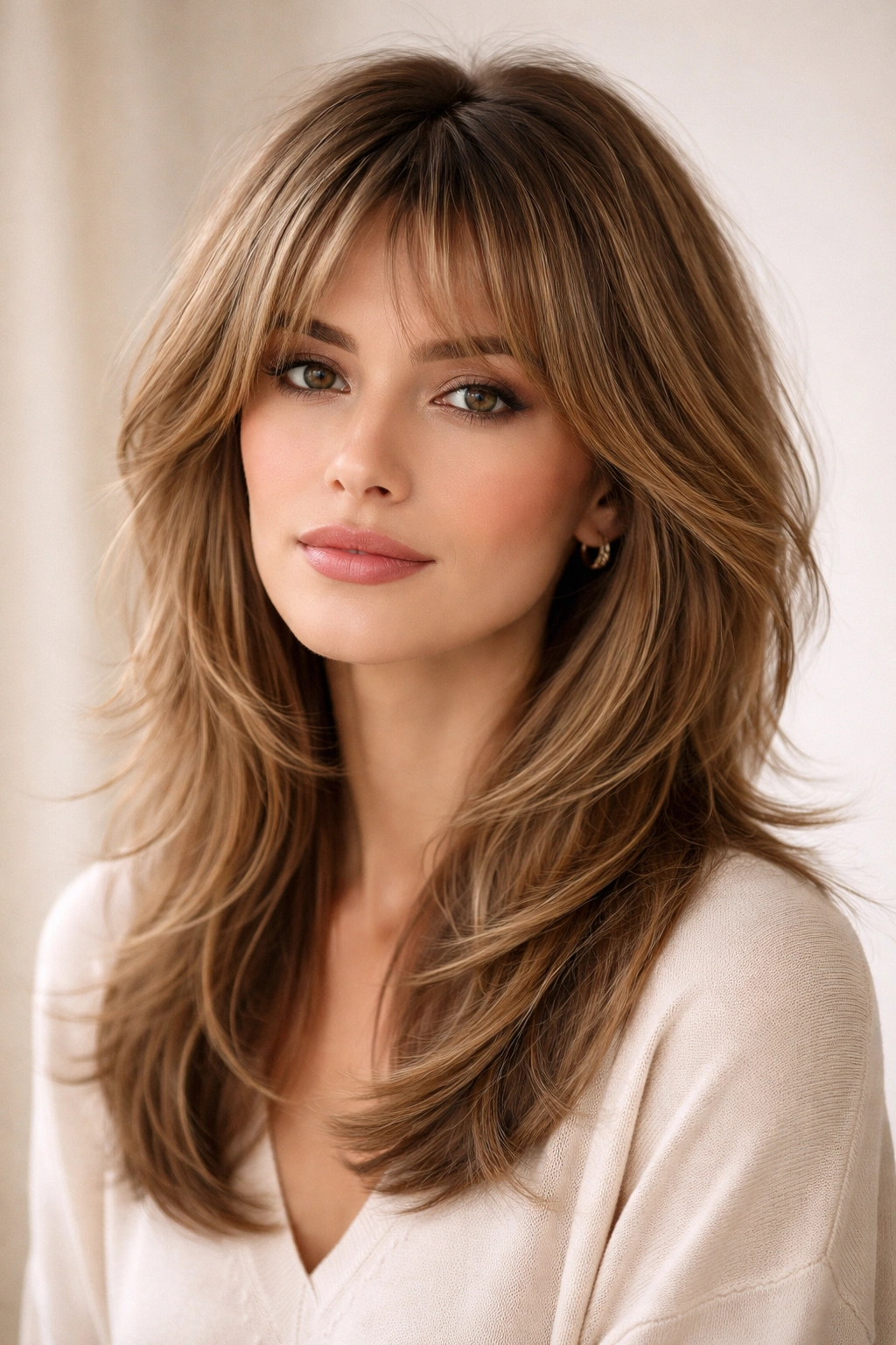 Feathered modern shag hairstyle with soft, flowing layers framing the face