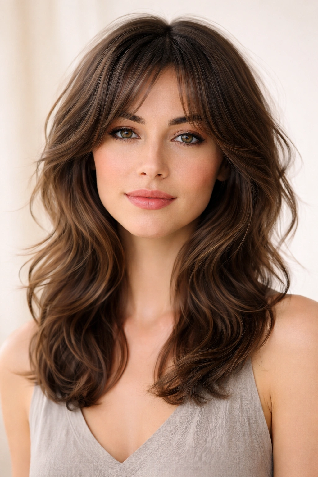 Feathered shag on heart-shaped face with wavy hair showing soft movement