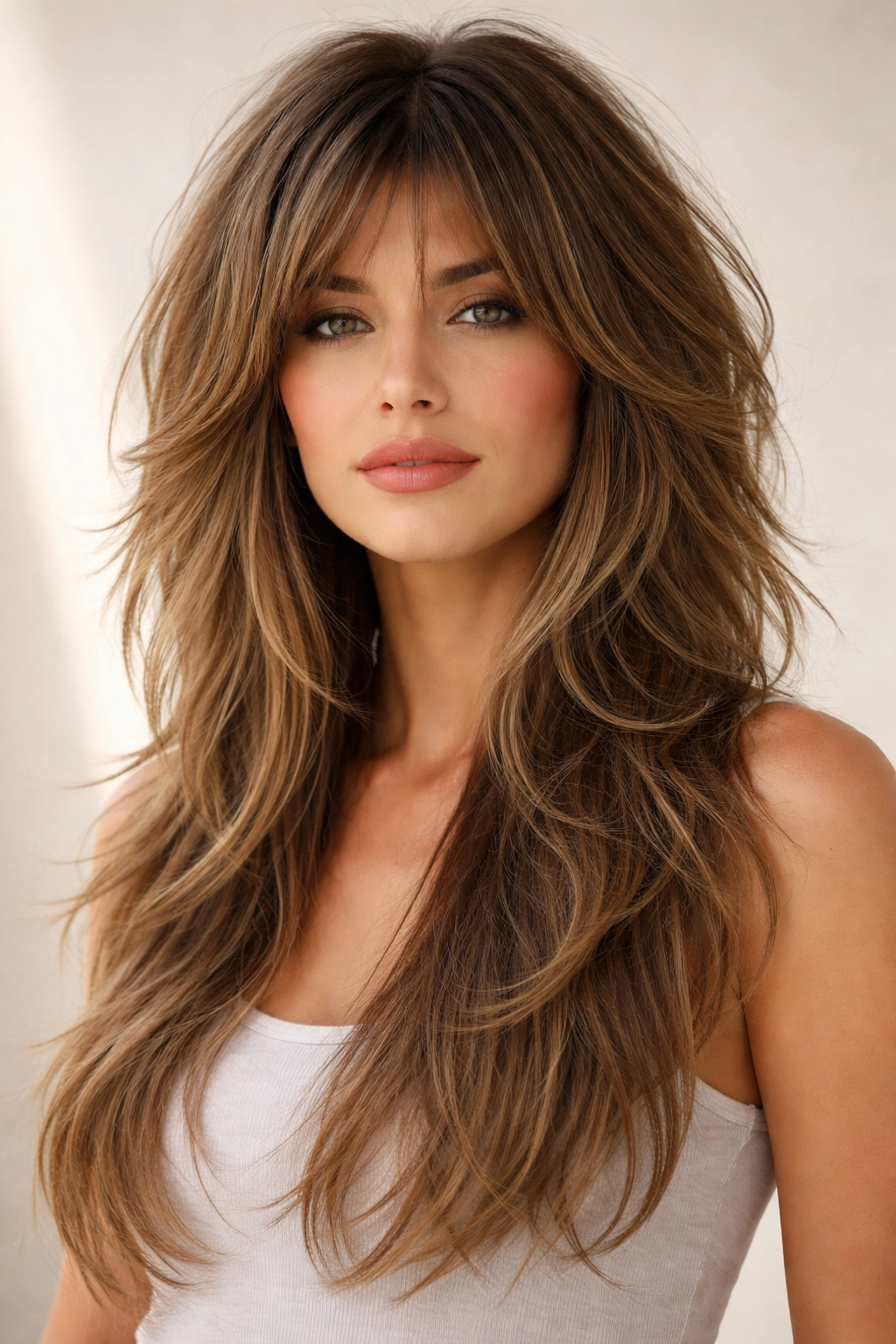 Portrait of a person with feathered shag haircut featuring long, wispy layers starting mid-face and flowing down.